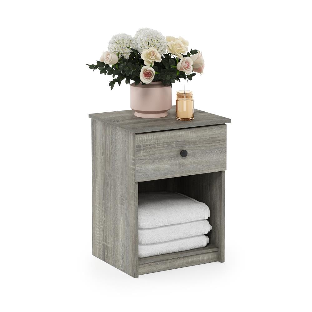 French Oak Grey Engineered Wood Nightstand with Black Knob