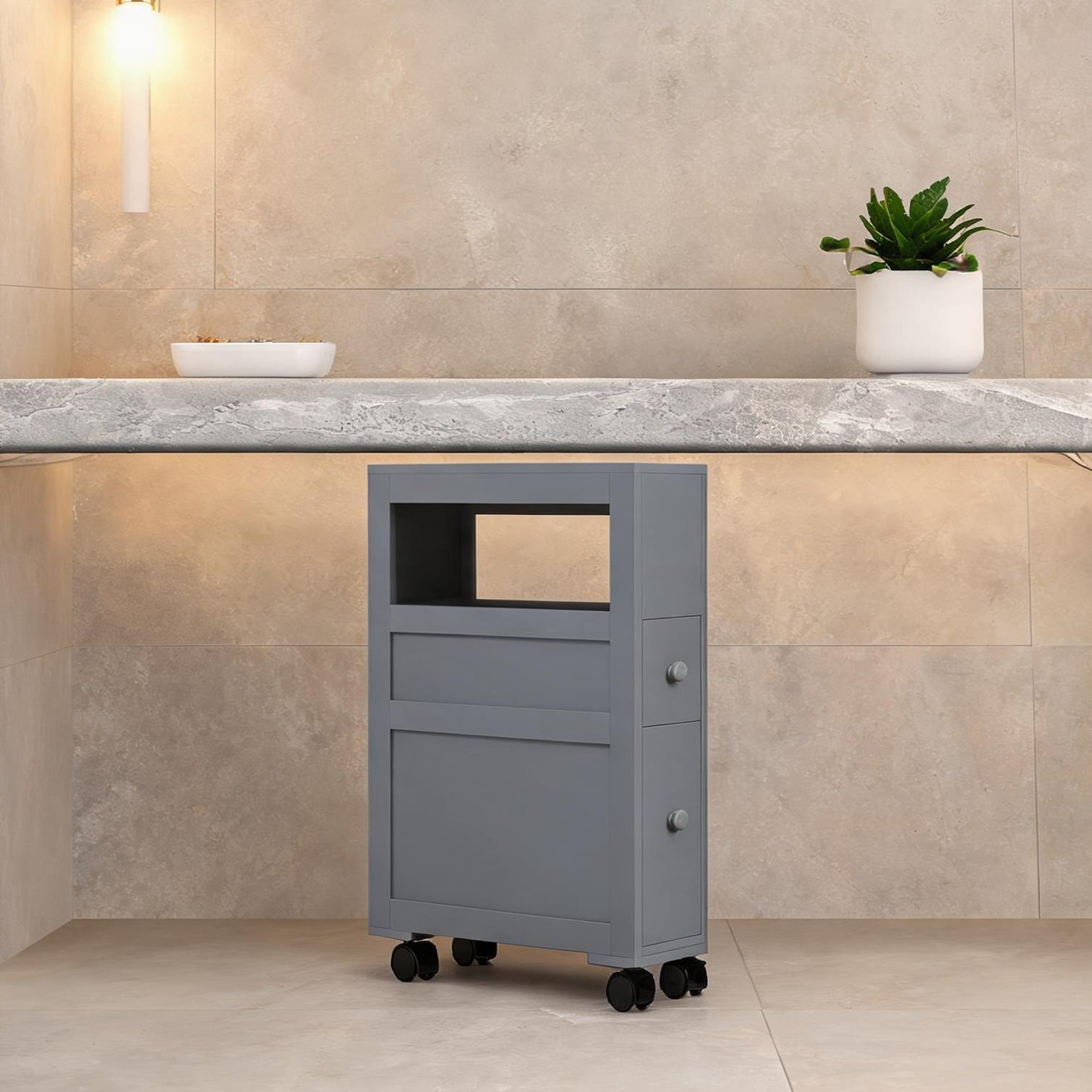 sunjurt Shelf Cabinet with Cool Gray MDF and Slim 6.25 Wide Freestanding Bathroom Storage
