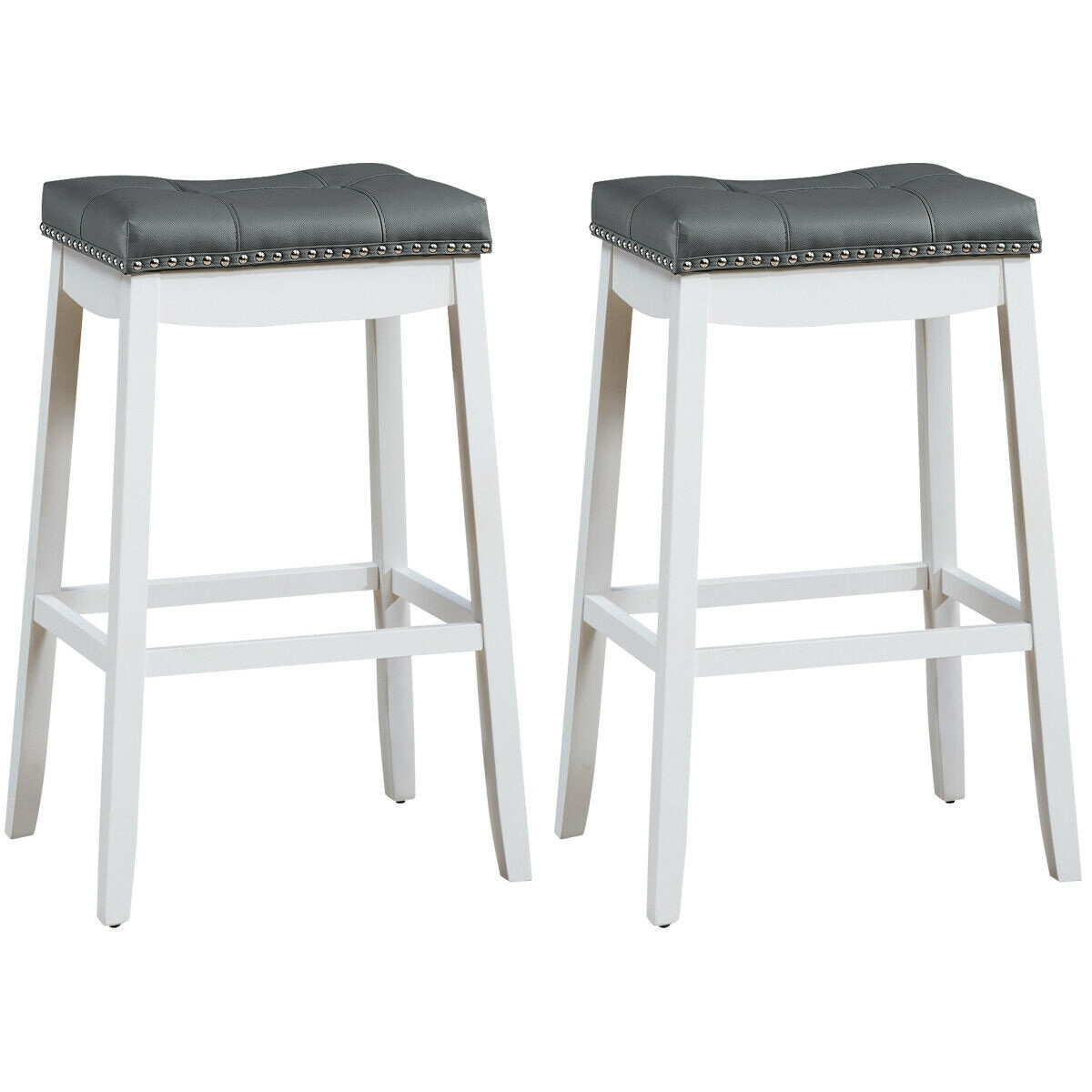 Slickblue D-CO-HW67256WH Set of 2 White 29 Inch H Backless Counter Height Saddle Bar Stools with Cushioned Seat and Nailhead Trim for Kitchen or Dining