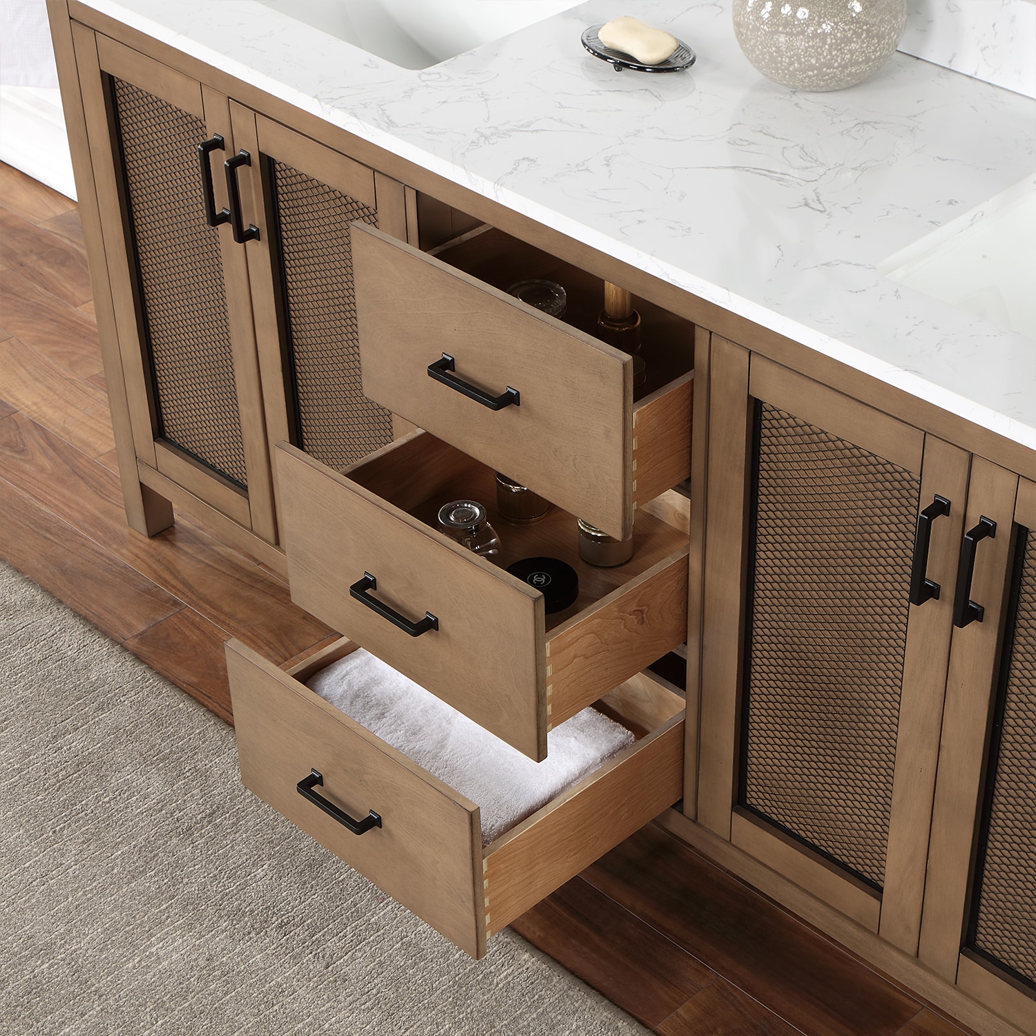 Hadiya 72" Brown Pine Double Vanity with White Stone Countertop