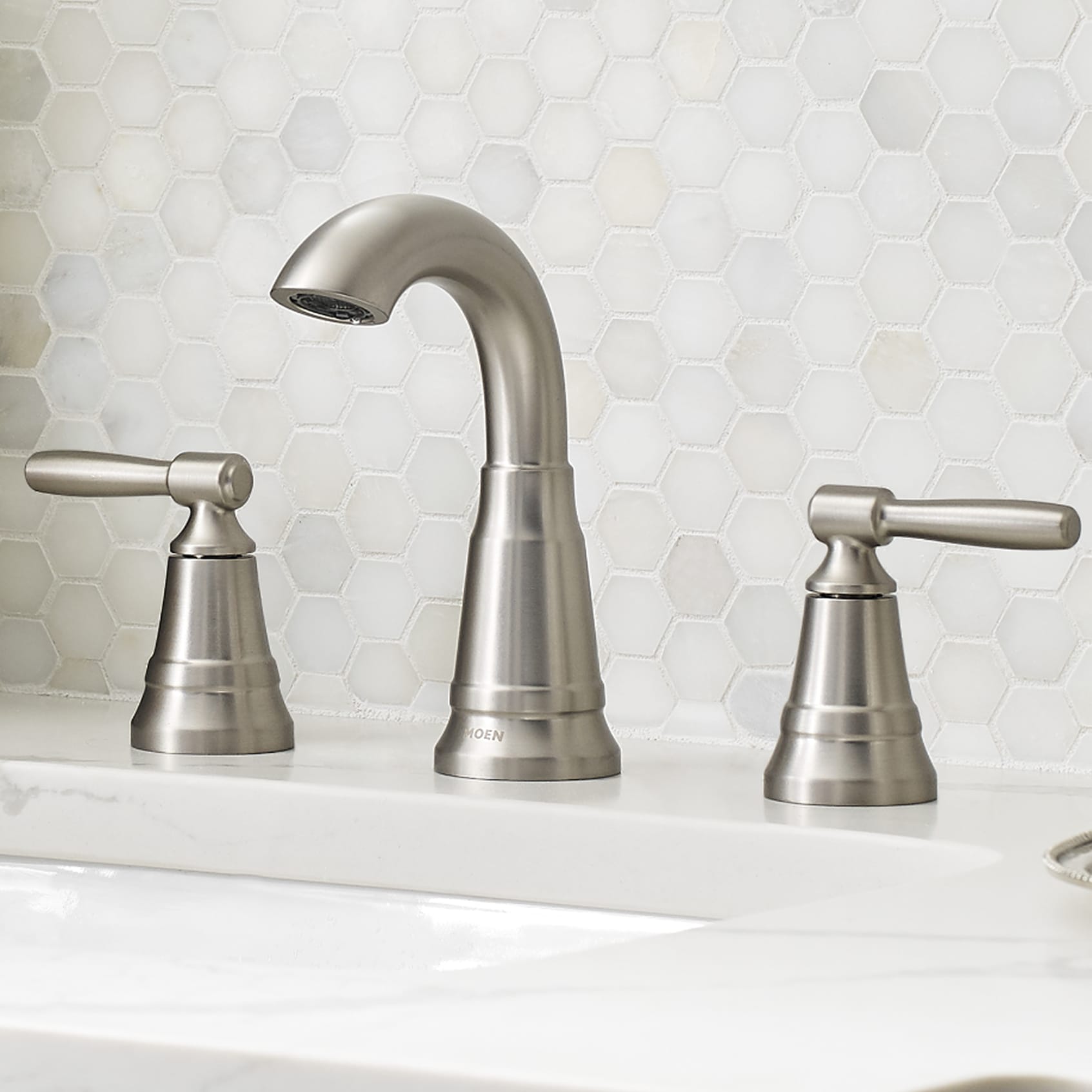 Moen Halle Spot Resist Brushed Nickel Widespread 2-handle WaterSense High-arc Bathroom Sink Faucet with Drain