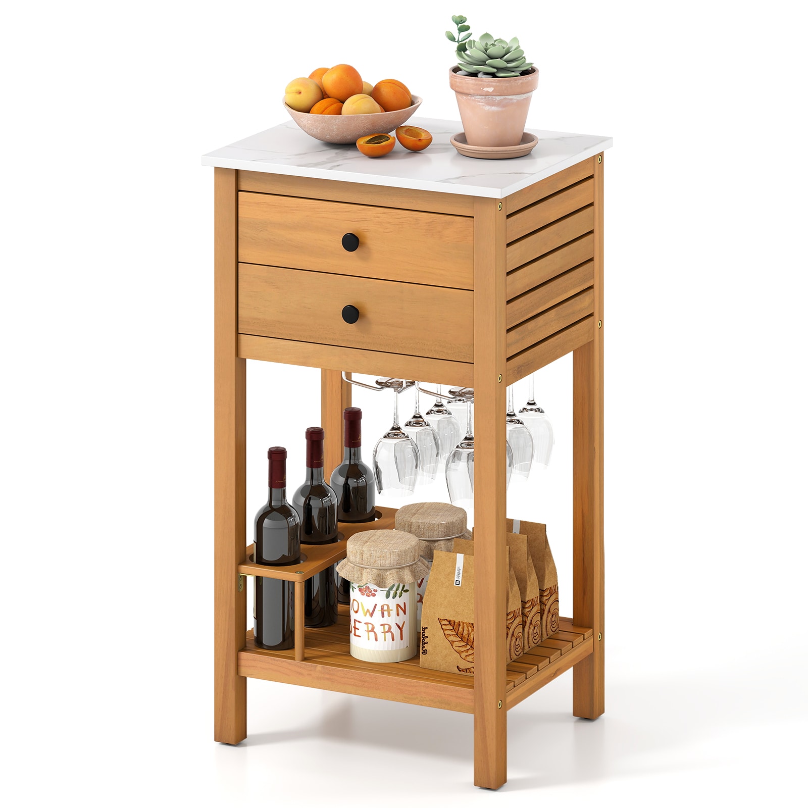 Volenca Acacia Wood Patio Bar Cabinet with 2 Drawers Faux Marble Top and Wine Rack 165-lb Top