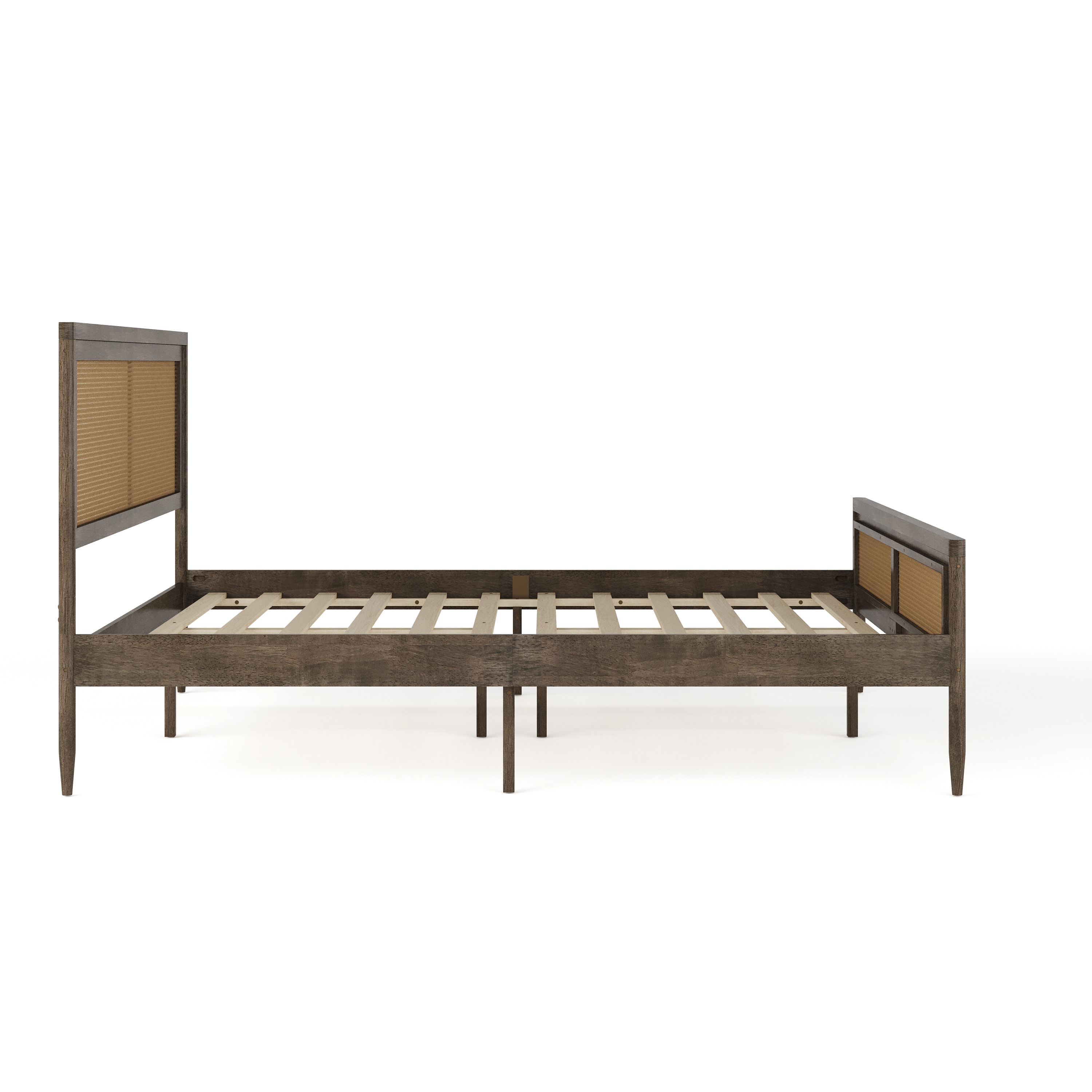 Brown Gray Queen Wood Platform Bed with Rattan Headboard and Footboard