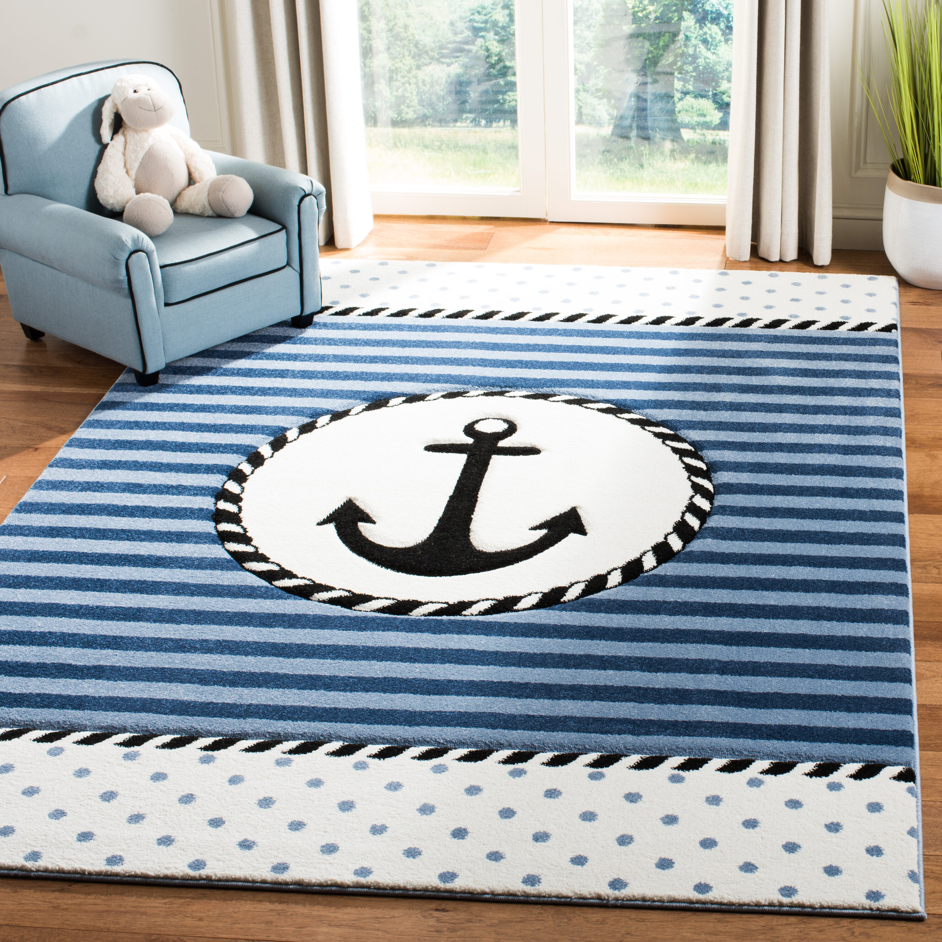 Carousel Kids 100 7 x 9 (ft) Loomed Polypropylene Navy/Ivory Rectangular Indoor Stripe Professionally Clean Only Area rug