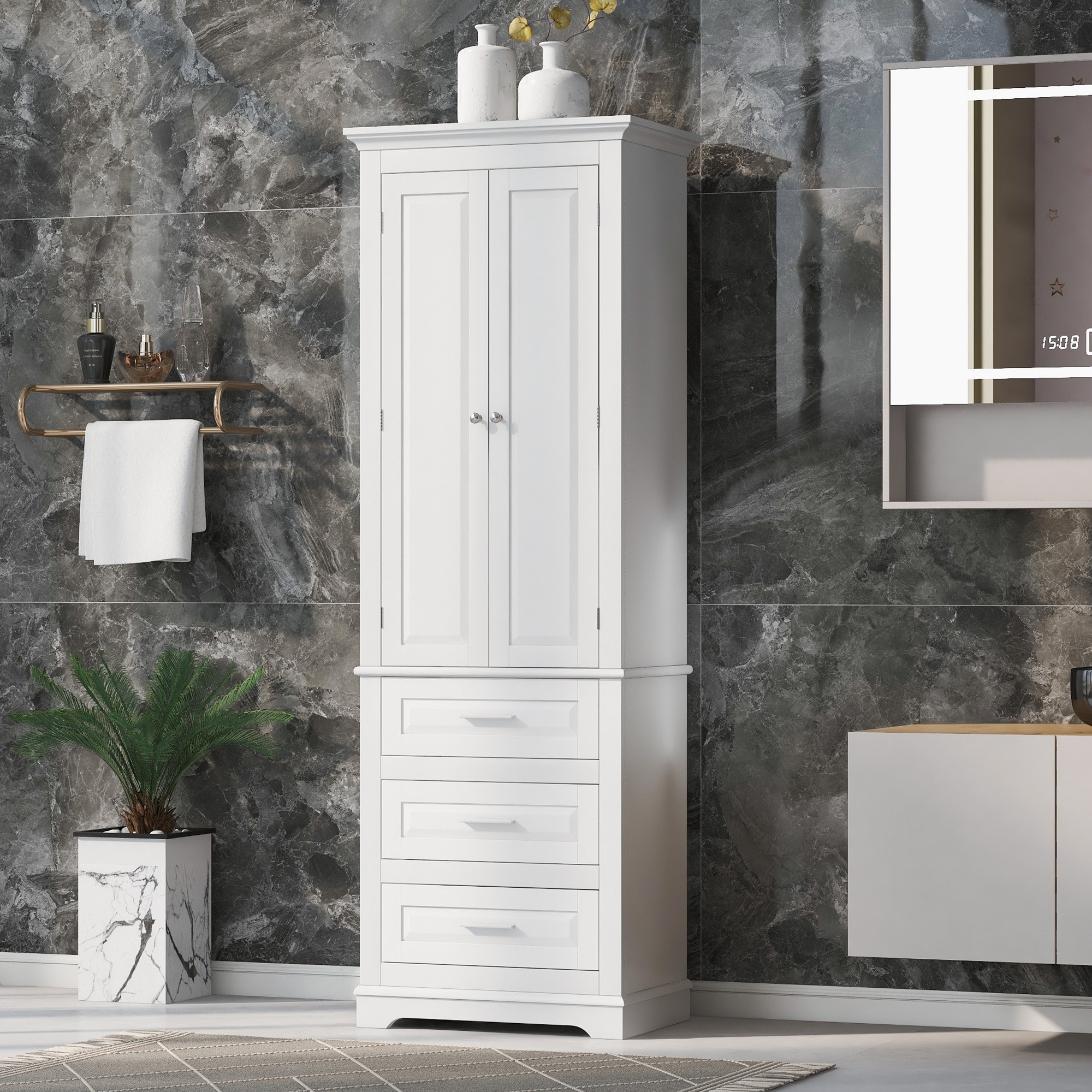 HyperDrop Cart MDF Tall Storage Cabinet with Three Drawers for Bathroom Office