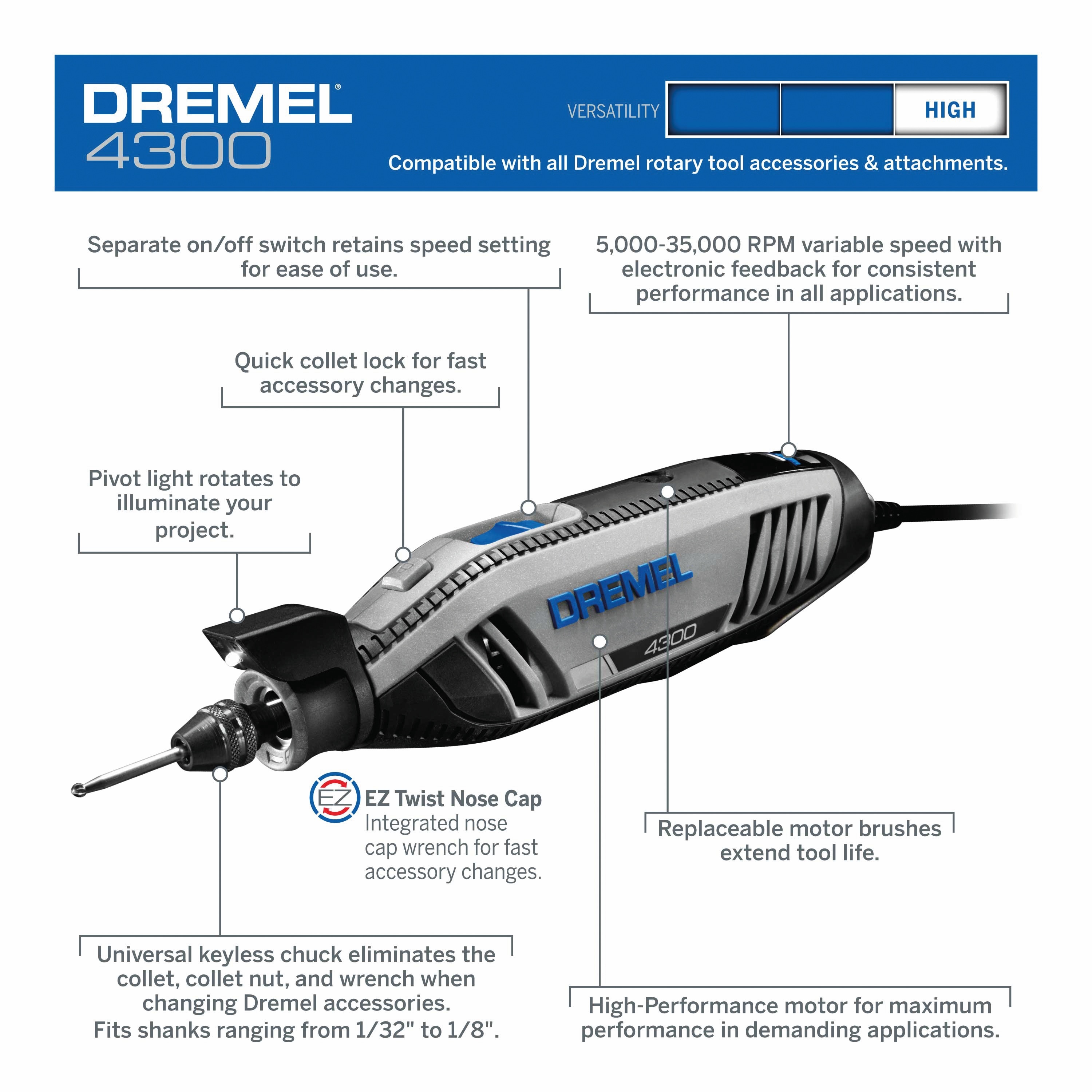 Dremel 4300-DR-RT Integrated Variable Speed Slim and Ergonomic Rotary Tool  with Replaceable Motor Brushes (Renewed)