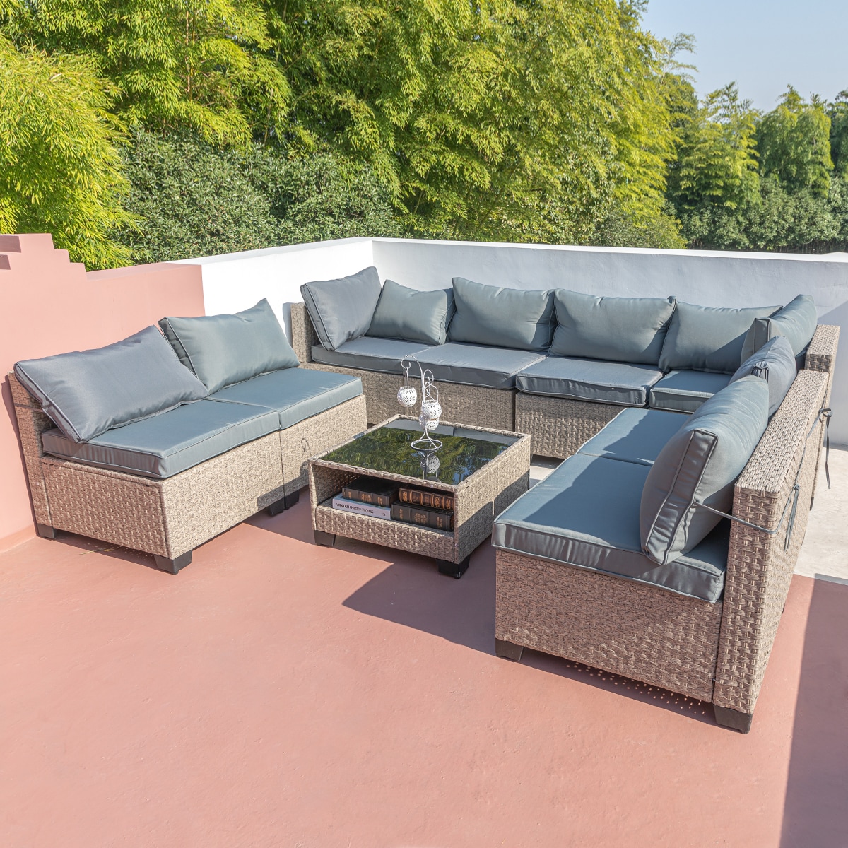 Direct Wicker DWS-W2775S00009 8 -Piece Wicker 4 Patio Sofa Conversation Set with Gray Cushions