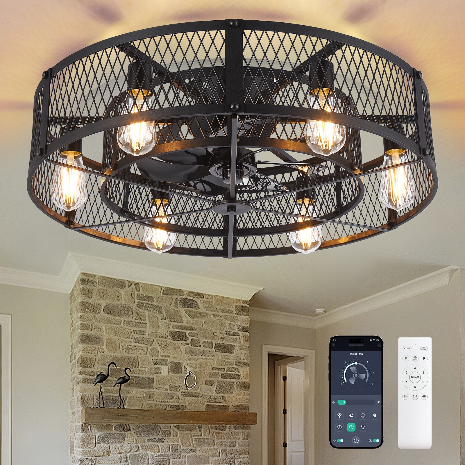 Dovanpaul 26 Inch Black Low Profile Flush Mount Caged Ceiling Fan with Light Rustic Farmhouse Fandelier 6-Speed Reversible Timer Remote App Dual Control for Kitchens Bedrooms