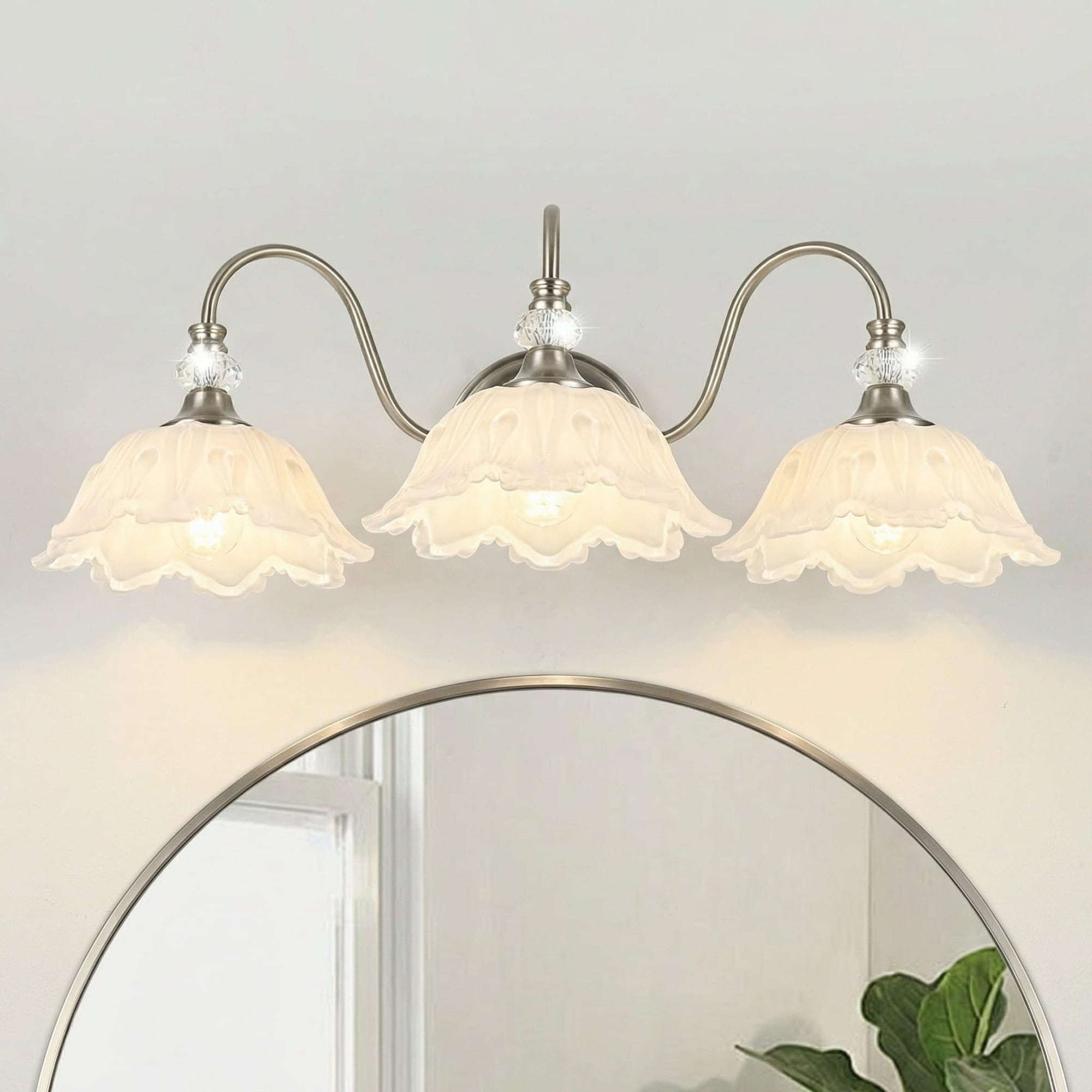 Lukvuzo -  Brushed Nickel 3 Light Bathroom Vanity Light with Floral White Glass Shades Brushed Ni...