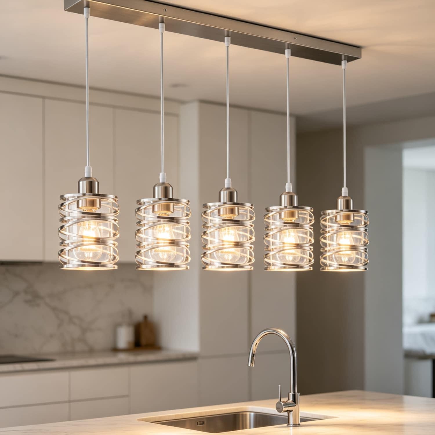 IUEST  Brushed Nickel Pendant Lights for Kitchen Island Five Light Chandelier Modern Dining Room Light Fixtures with Clear Glass Shades