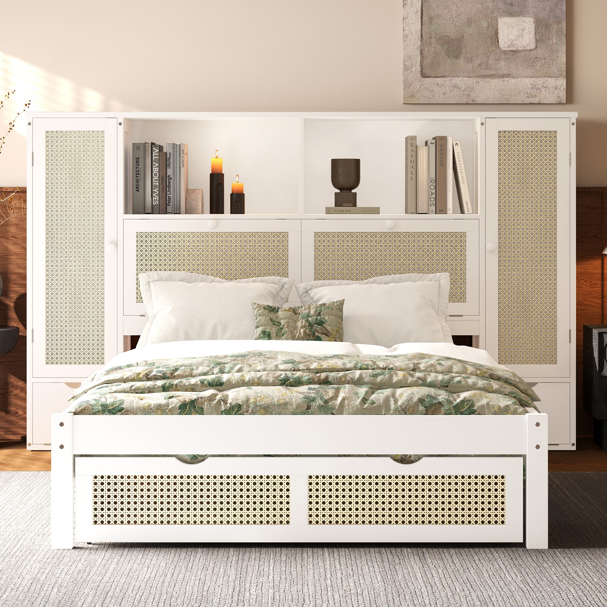 LOVMOR SF-R-N733S241280K Twin Size Wooden Bed with Two Storage Lockers Drawer and Storage Shelf on Headboard Multifunctional Platform Bed with Natural Rattan White