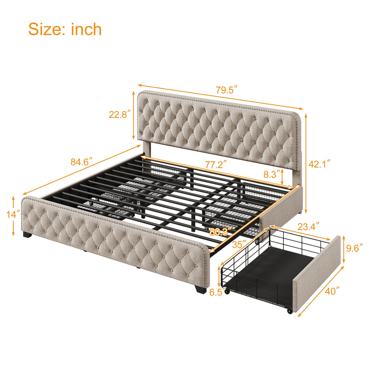 GZMR King Upholstered Platform Bed Frame with Four Drawers Contemporary ...