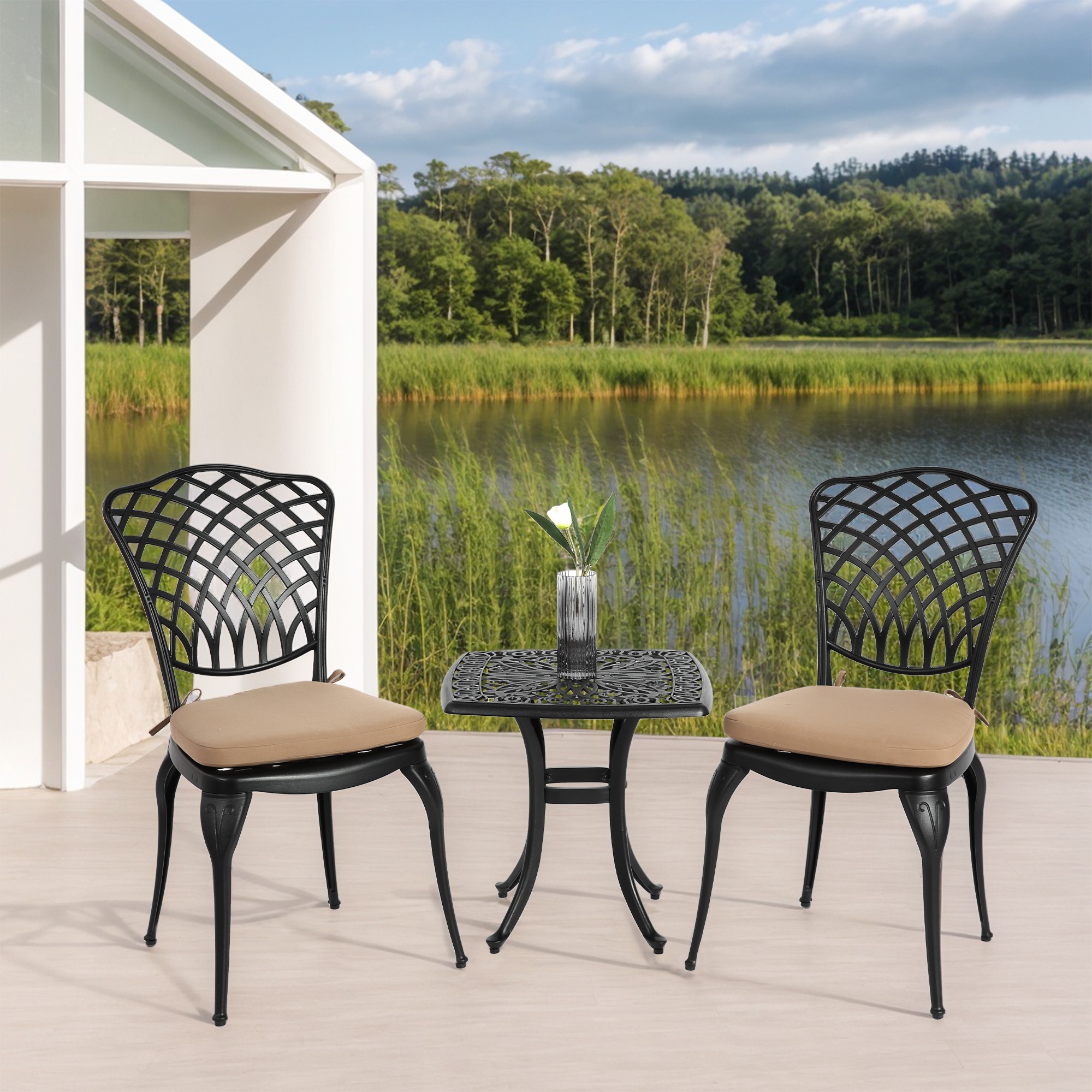RITSU - 3-Piece Black Round Cast Aluminum Patio Bistro Set with Cushioned Seating Rust Resistant...