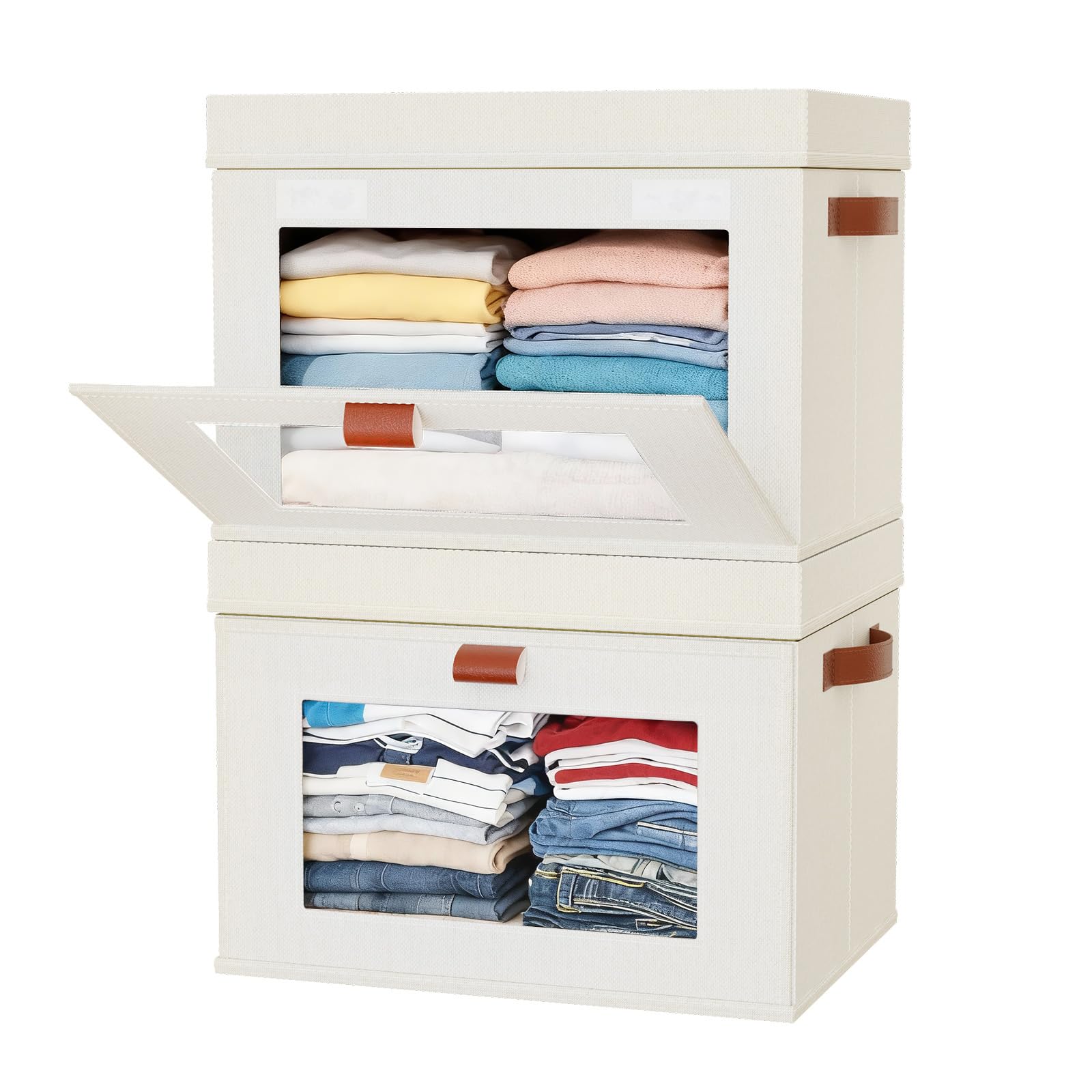 AKSCYZM Large Storage Bins with Lids Stackable and Collapsible Closet Organizer Boxes Oxford Fabric with Clear Window Beige #LAK0819K497