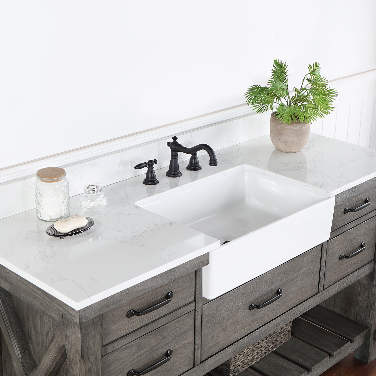 Farmhouse 60 in Double Sink Bathroom Vanity in Grey