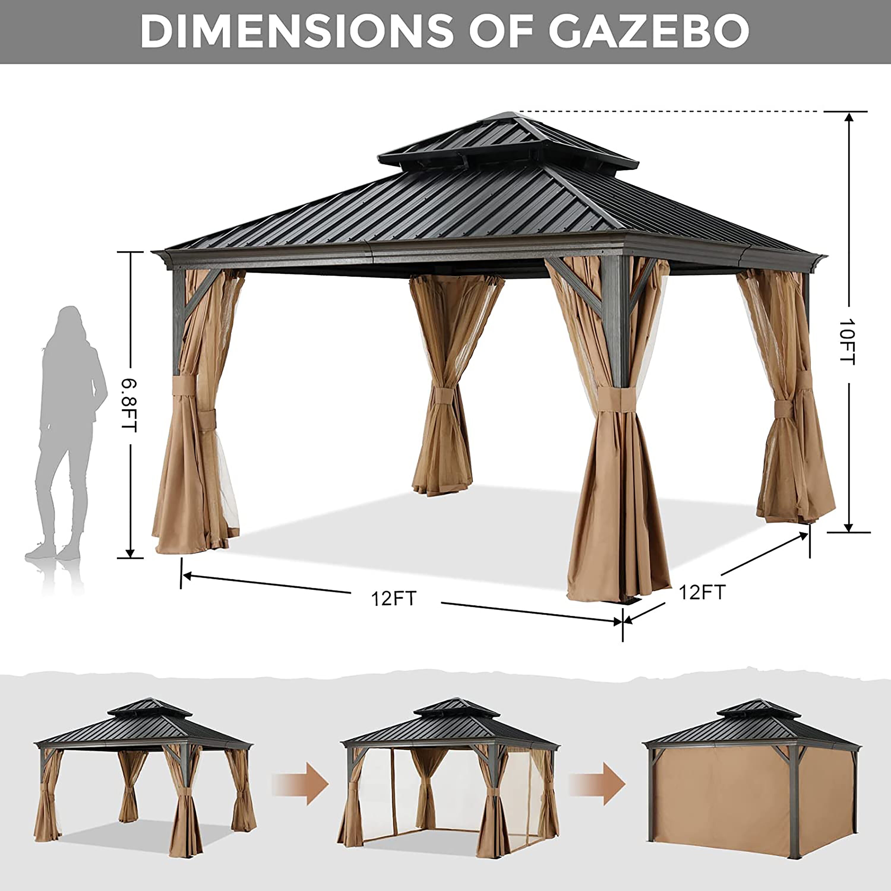 ABCCANOPY 12-ft x 12-ft Rectangle Khaki Metal Steel Roof Gazebo with ...