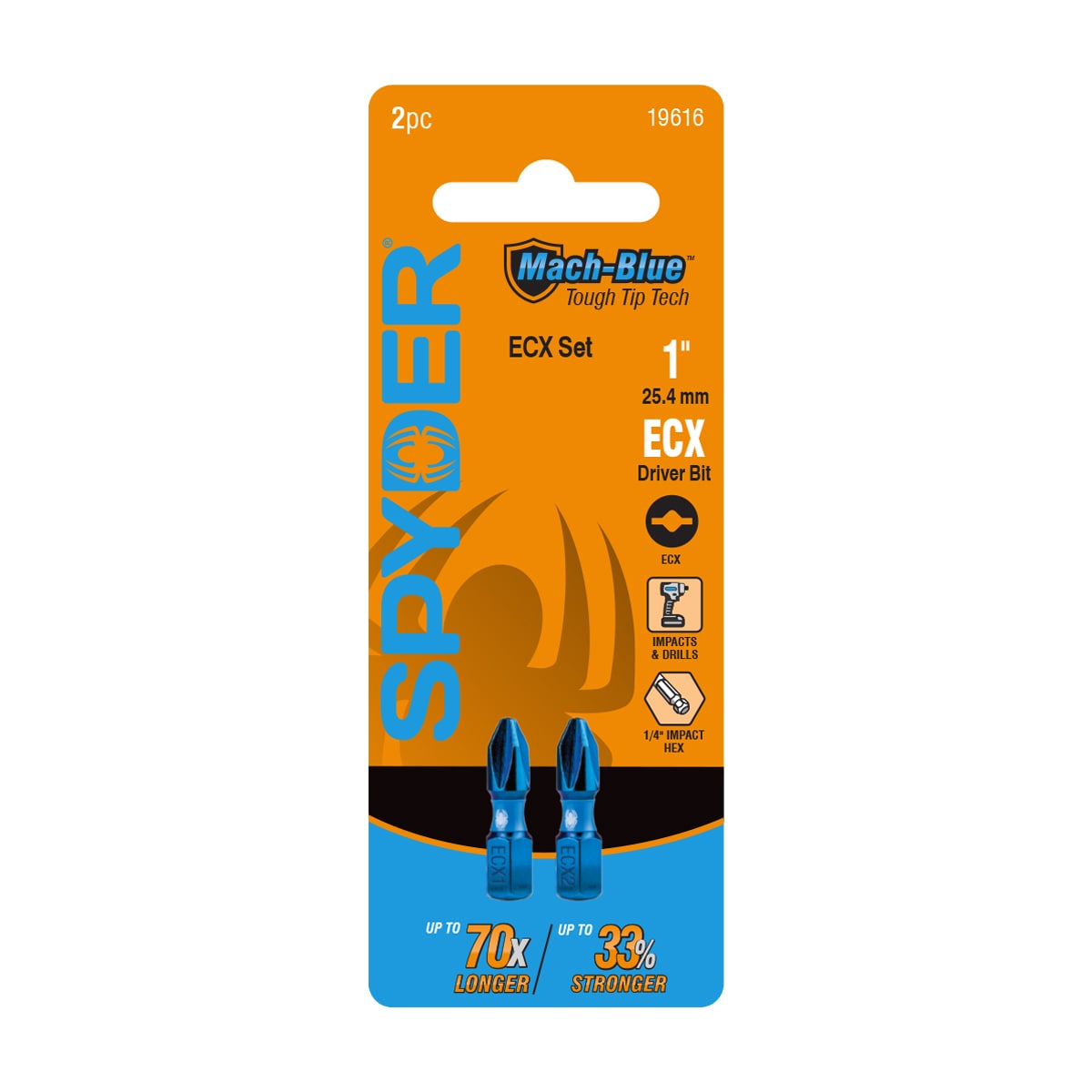 Spyder 19616 Mach-Blue 1/4-in x 1-in ECX Impact Driver Bit 2 -Piece