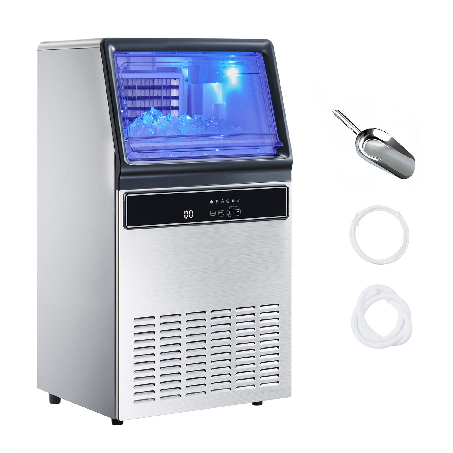 FlowLuxe Storage Ice Maker in Silver 20.5 x 18.1 x 35 in with LED Lighting Stainless Steel Sansujyuku sansujyuku.com