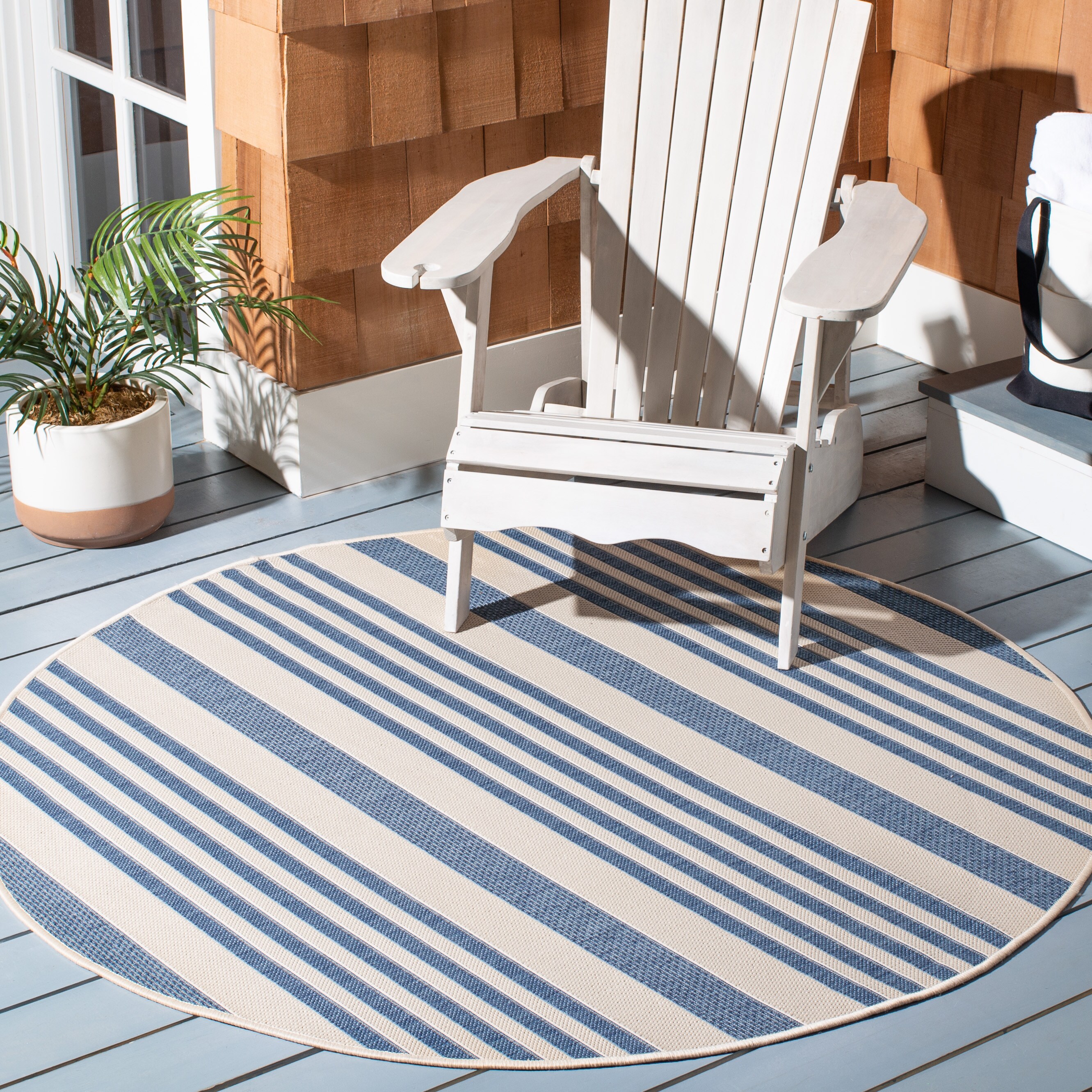 Safavieh CY6062-233-4R Courtyard Dobby 4 x 4 (ft) Loomed Polypropylene Beige/Blue Round Indoor/Outdoor Stripe Area rug