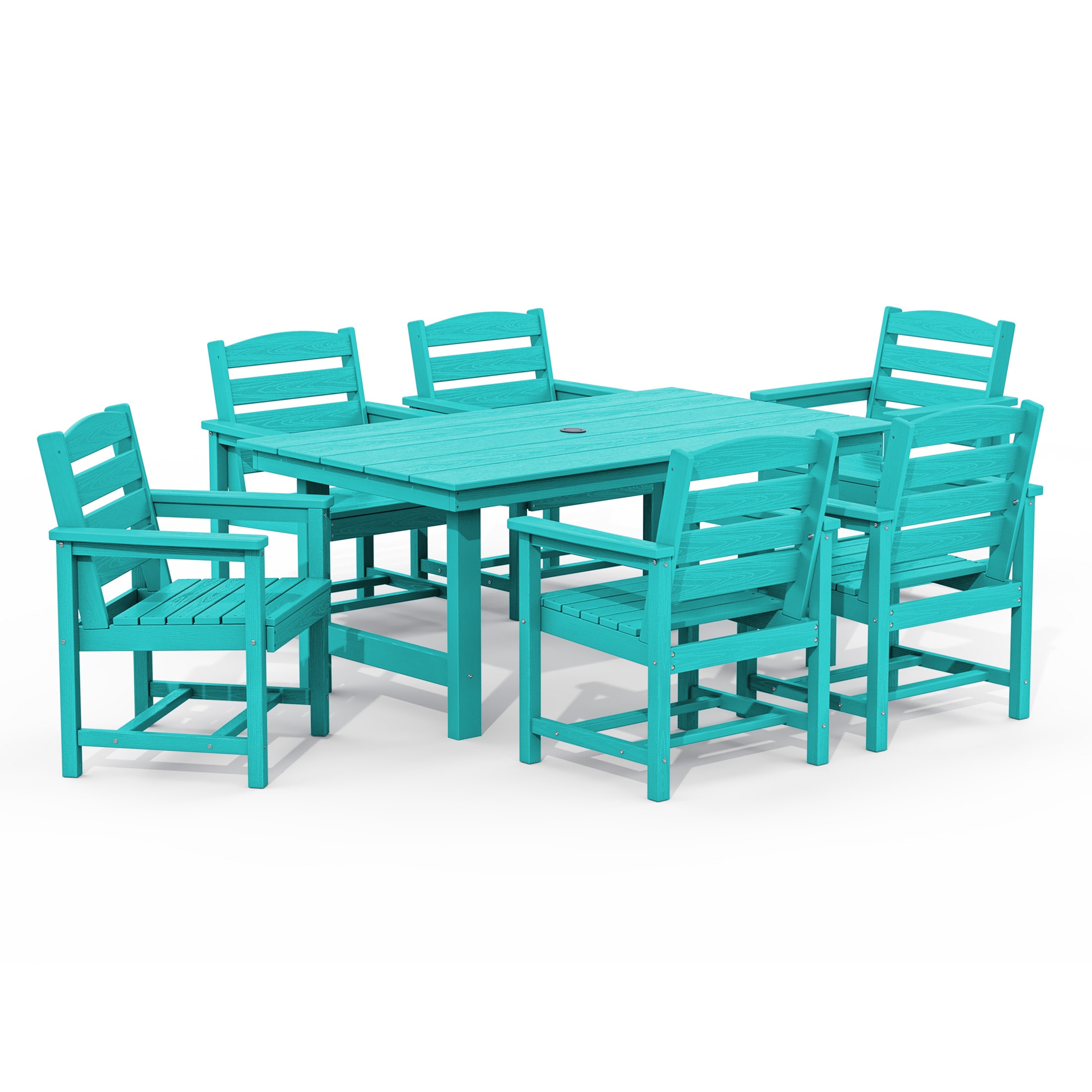 JEAREY PEJYCZY07-PB 7-Pieces HDPE Dining Set 7 -Piece Tiffany Blue Patio Dining Set Plastic Rectangle Table with 6 Stackable Stationary Chairs
