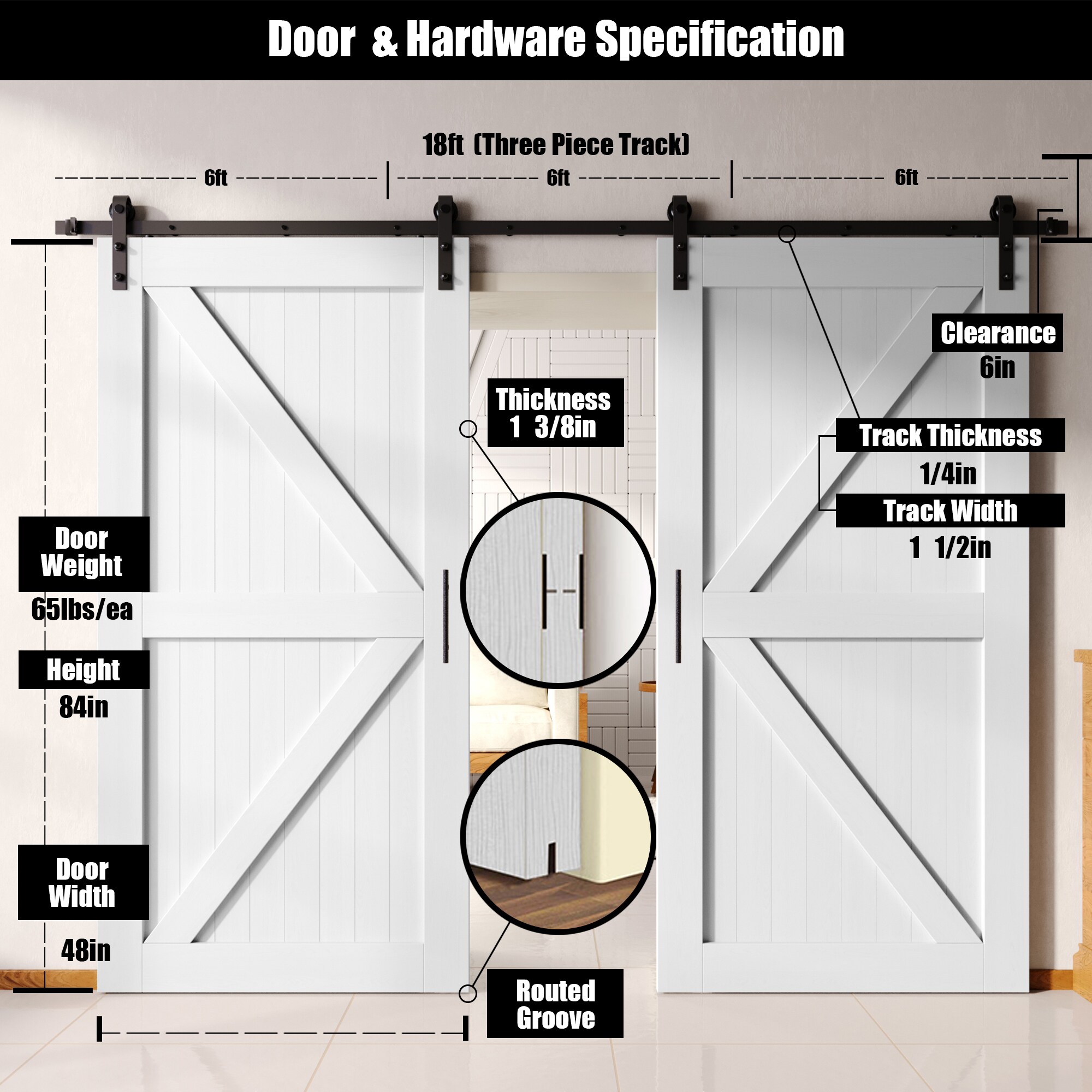HOMACER YT2TGH216C-4884-K-WH Barn-Doors - View #2