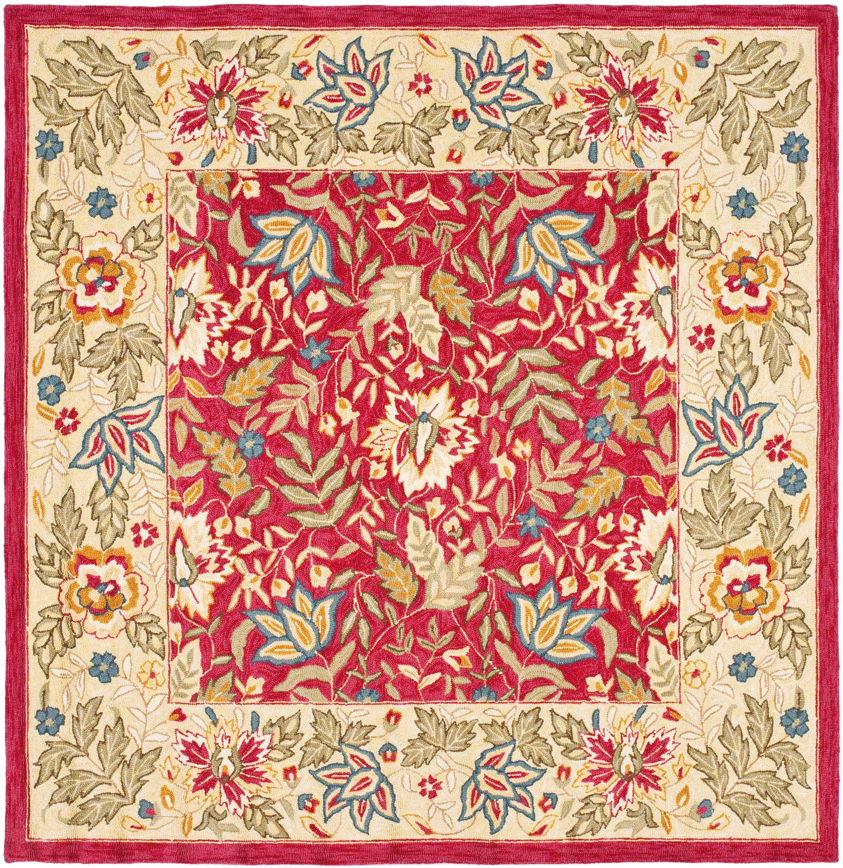 Handmade Red Floral Wool Square Area Rug, 6'