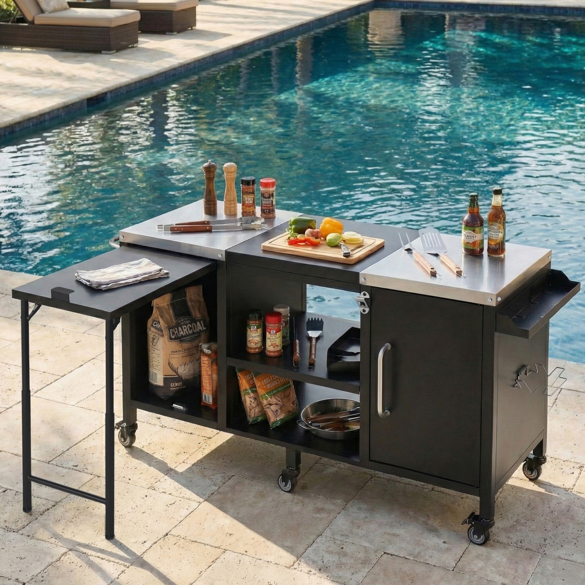Lirago 72.4 in Large Grill Table Metal Outdoor Grill Cart with Fold-out ...
