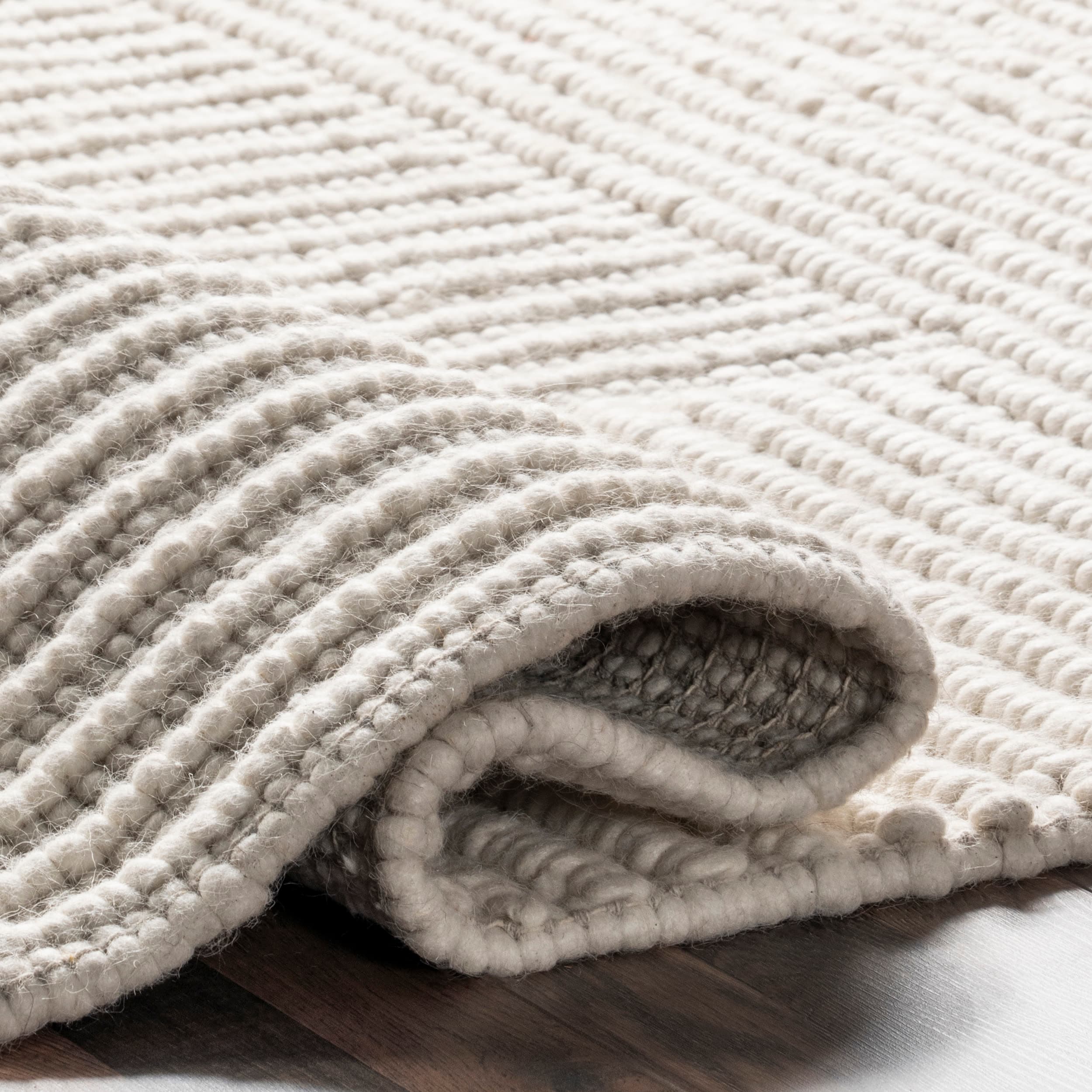 Ivory High-Low Striped Wool and Cotton Area Rug, 5' x 8'