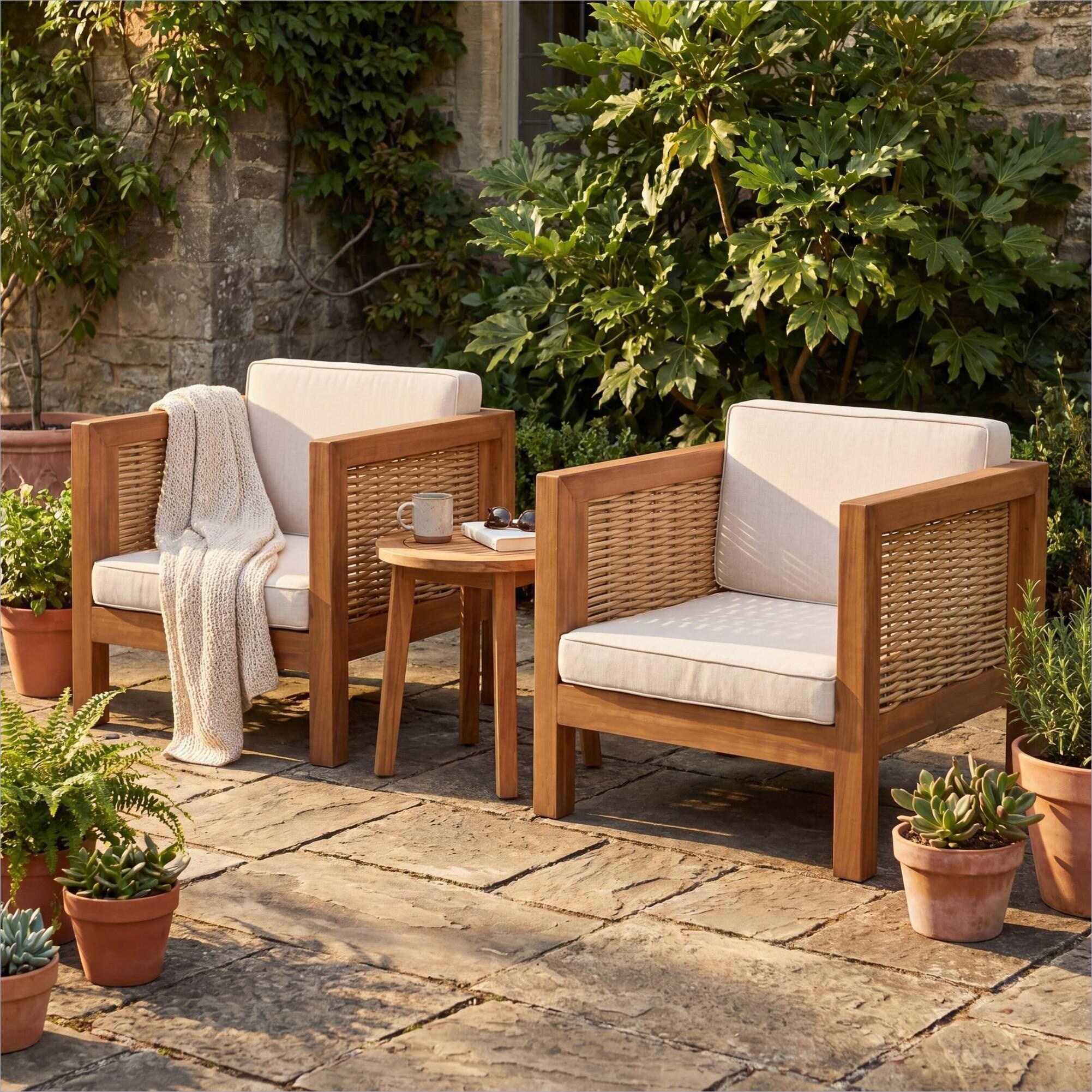 Watnature Patio Outdoor 2-Piece Club Chair Set Acacia Wood Frame Woven ...