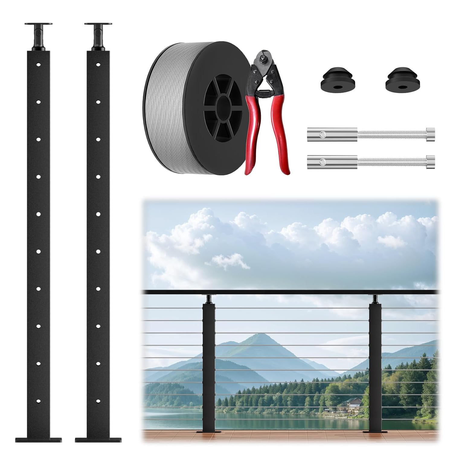 LOVMOR Complete Set Cable Railing Post Kit Include 2 Pack 36 inch Black Posts(No Handrail) #SF-R-2LP-GS