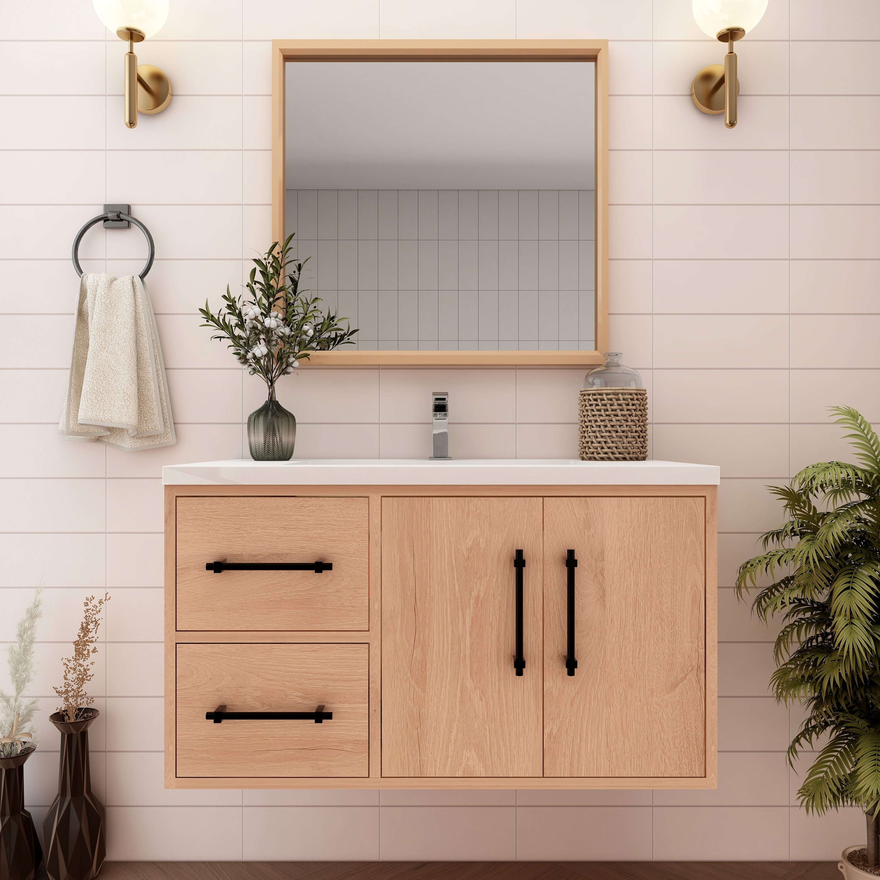 BV Better Vanity VICTORIA36LWH-RO Victoria 36-in Red Oak / Left Side Drawer Single sink Floating Bathroom Vanity with White Acrylic Top