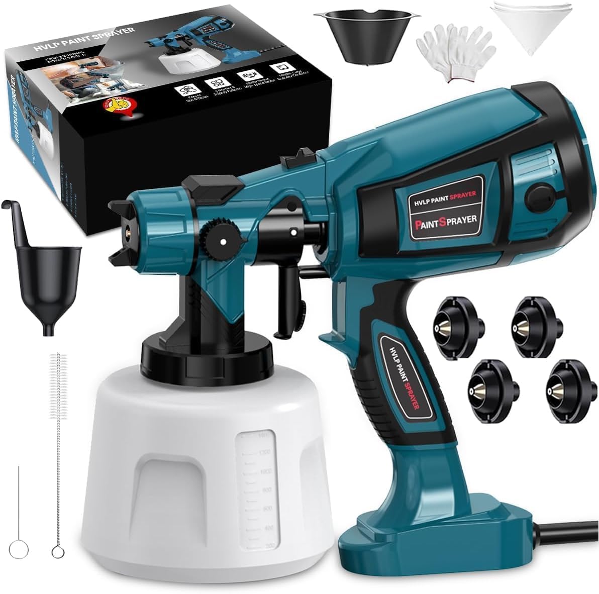 MirrorZone  Paint Sprayer 1000W High Power Electric Spray Paint Gun with Adjustable Spray Width Knob 1400ML Container 4 Nozzles 3 Patterns Easy to Clean for Furniture Cabinets House Painting Blue