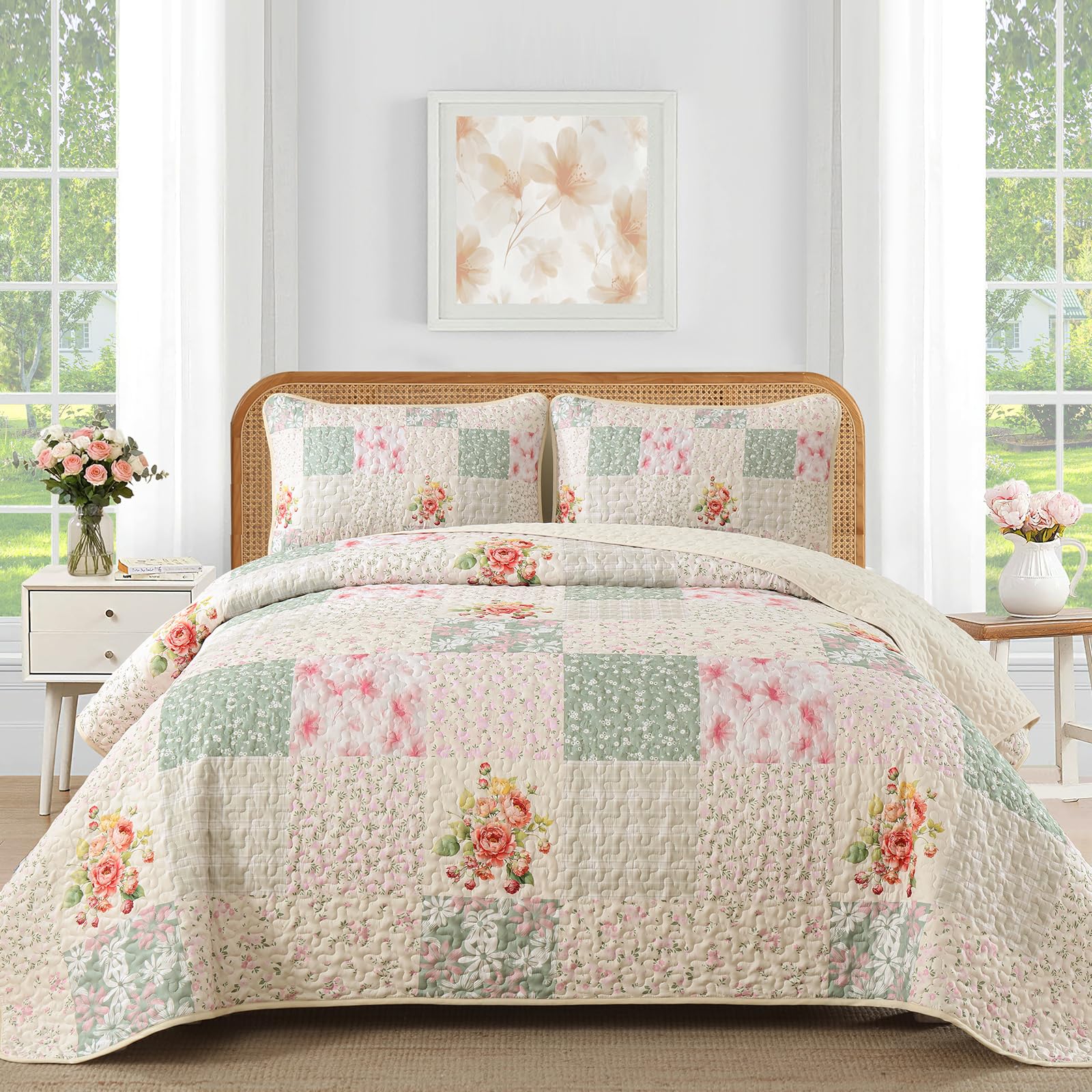 WZKZLH Light Beige King Plaid Patchwork Boho Microfiber Quilt Set All Season Bedding Coverlet 3 pieces