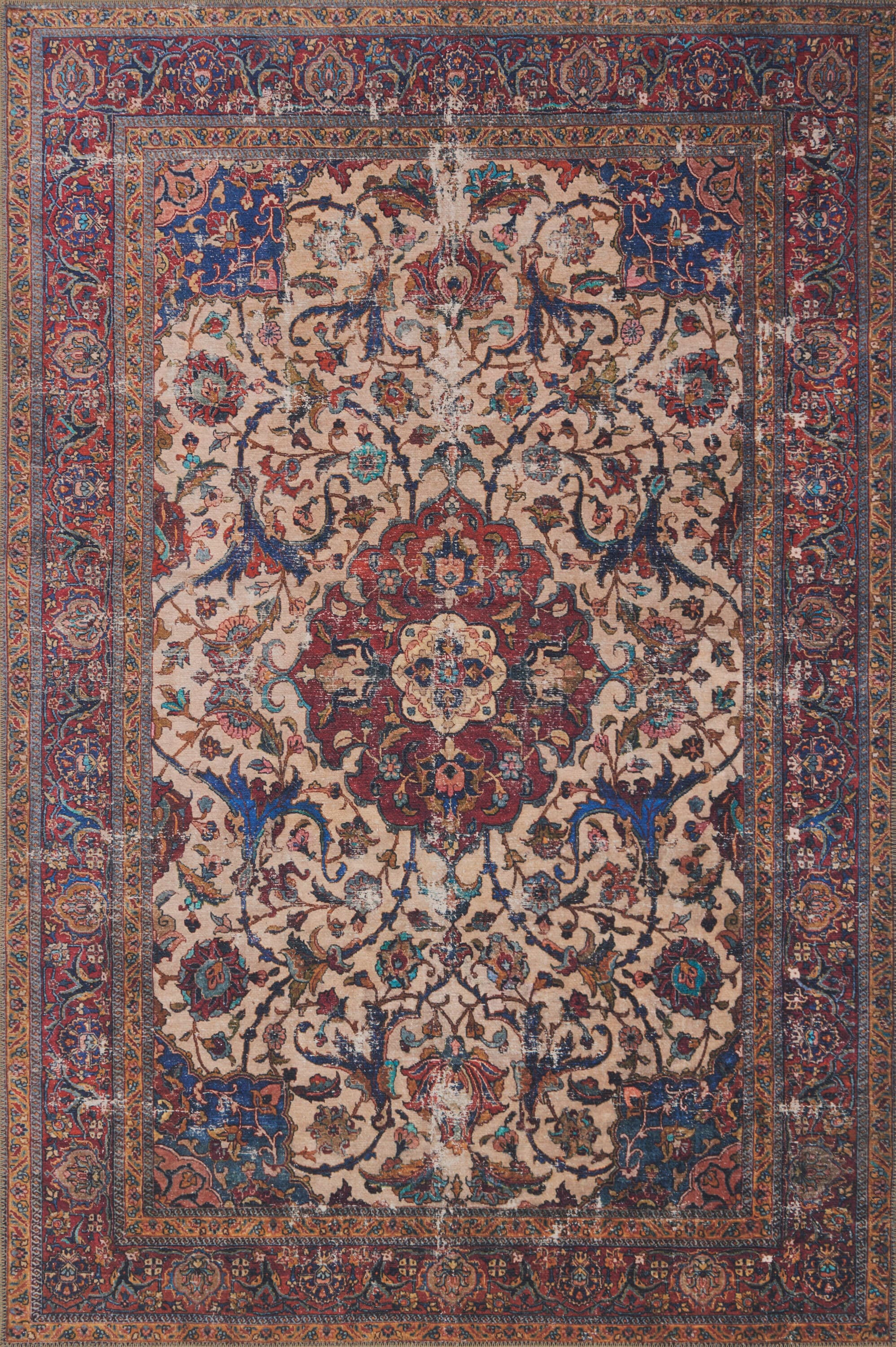 Loloi II LORELQ-11SAML3656 Loren 4 x 6 (ft) Loomed Polyester Sand / Multi Rectangular Indoor Distressed/Overdyed Oriental Area rug