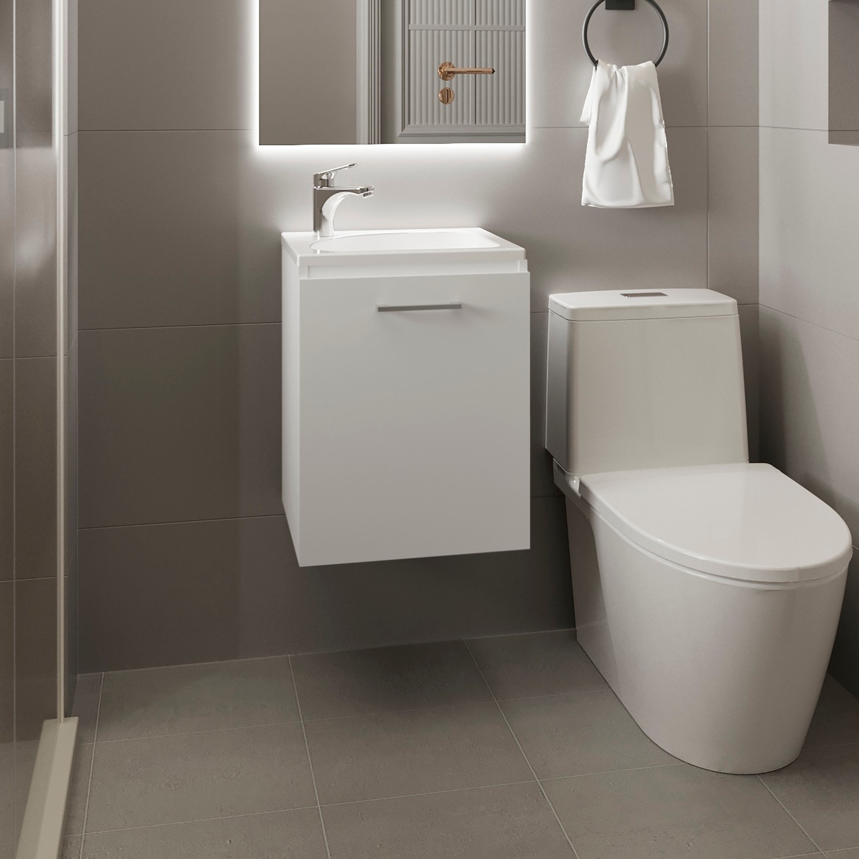 GLANZEND -  13.3-in D x 15.7-in W x 19.7-in H MDF Shelves Storage White Single Sink Floating Bath...