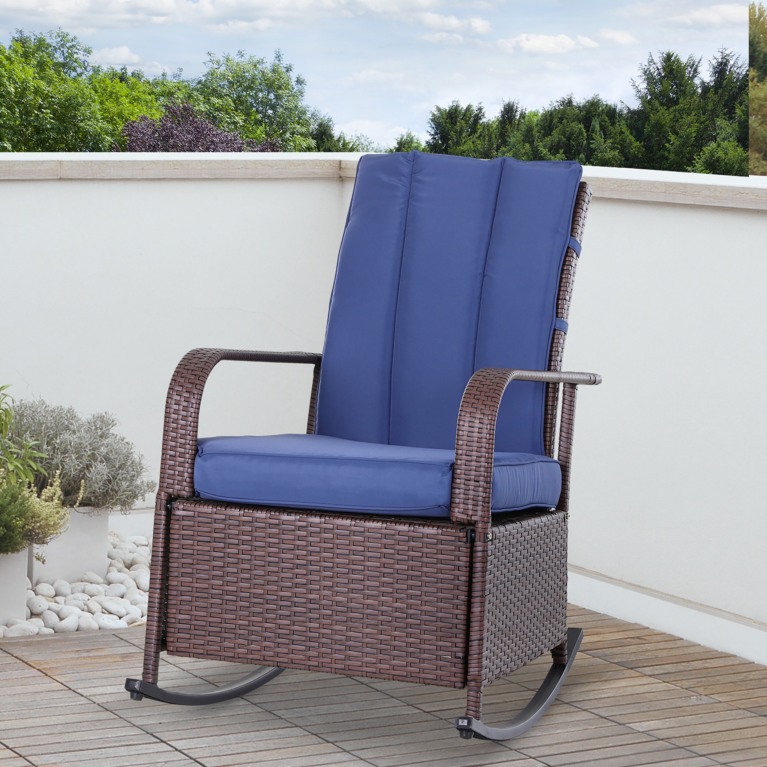 Moda Furnishings MDW2225P200811 GIGI Wicker Brown Steel Frame Balcony Chair with Blue Woven Seat
