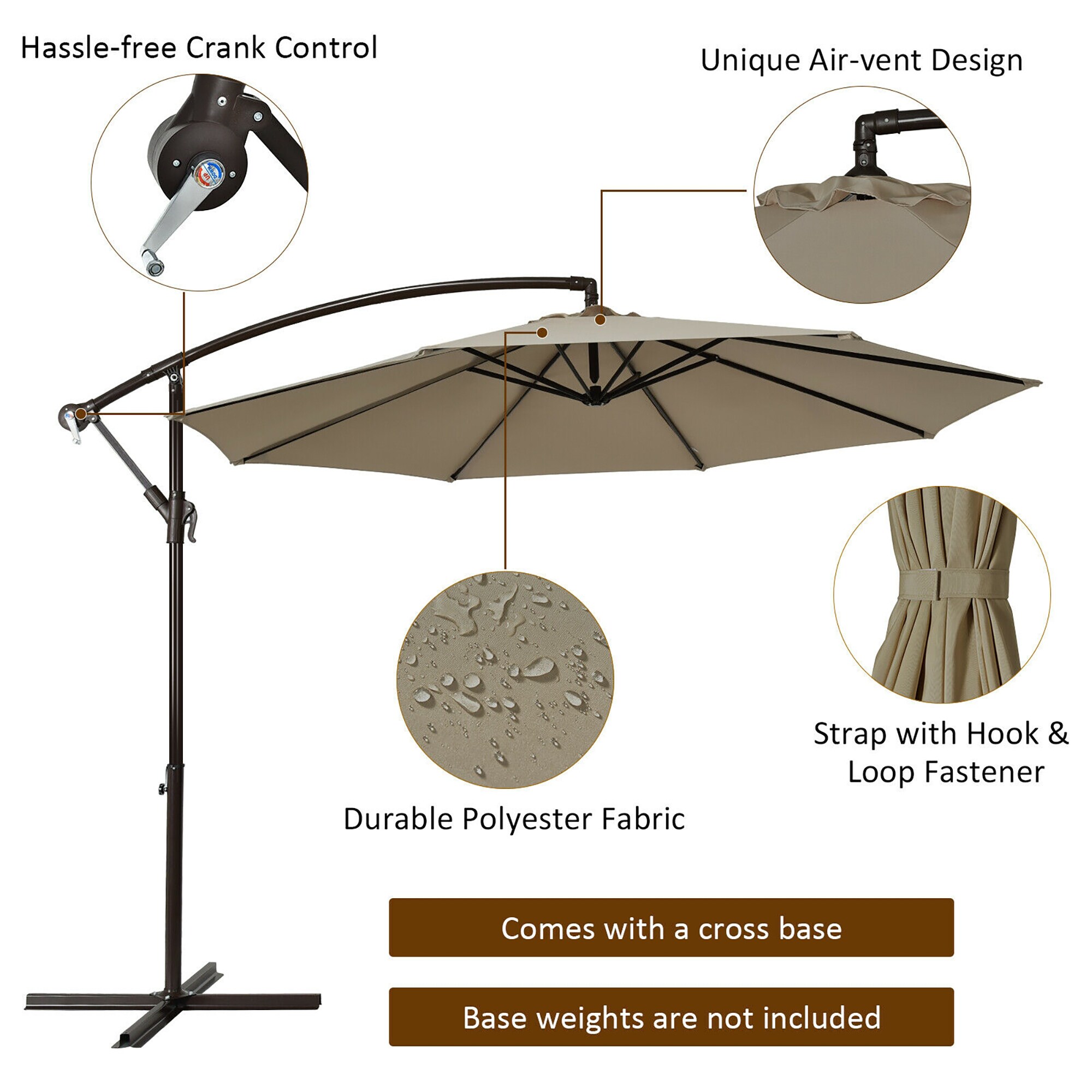 CASAINC 10-ft Steel Tan Crank Cantilever Patio Umbrella with Lights at ...