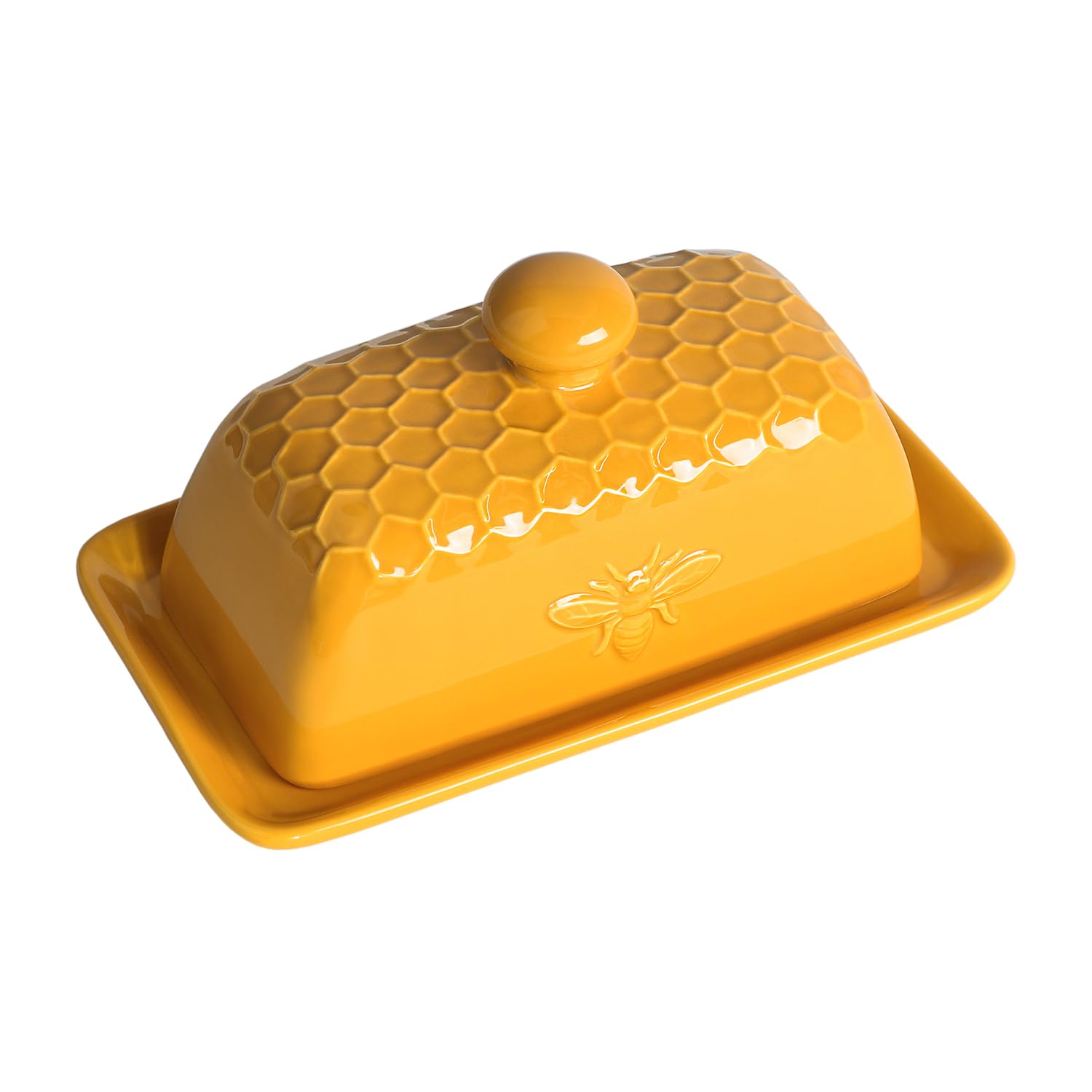 Aoibox  Ceramic Butter Dish with Lid Honeycomb and Bee Embossed Pattern Butter Keeper for Kitchen Countertop