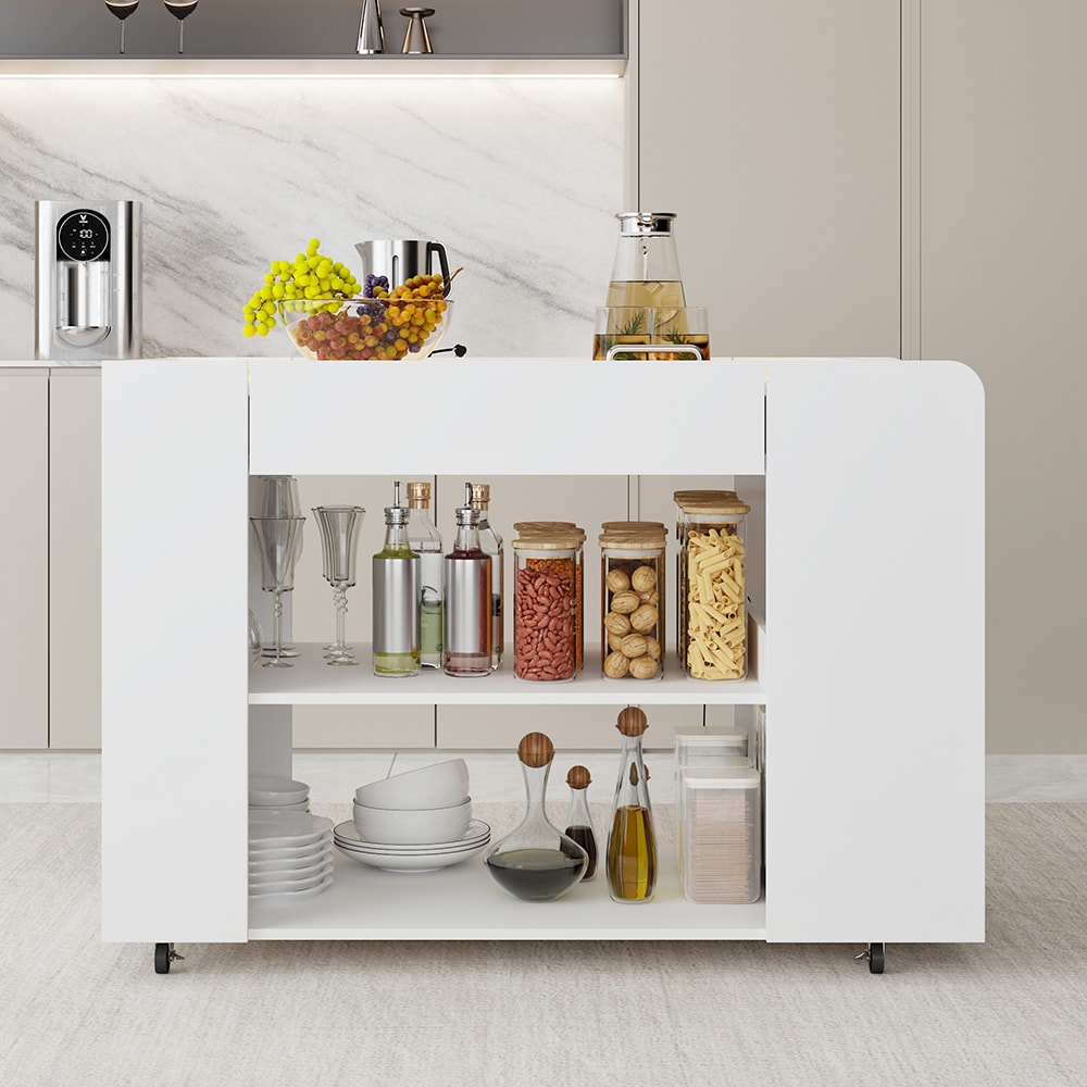 Homsee C-KF260182-01 Modern White Kitchen Island Cart with Ripple Glass Doors USB LED Lighting Drawers and Locking Wheels Mobile Storage Cabinet