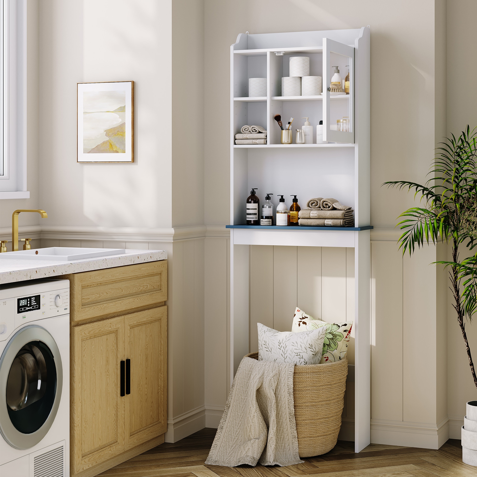 GarveeLife 68.5 Inch Tall Over The Toilet Storage Cabinet with Glass Doors Adjustable Shelf White