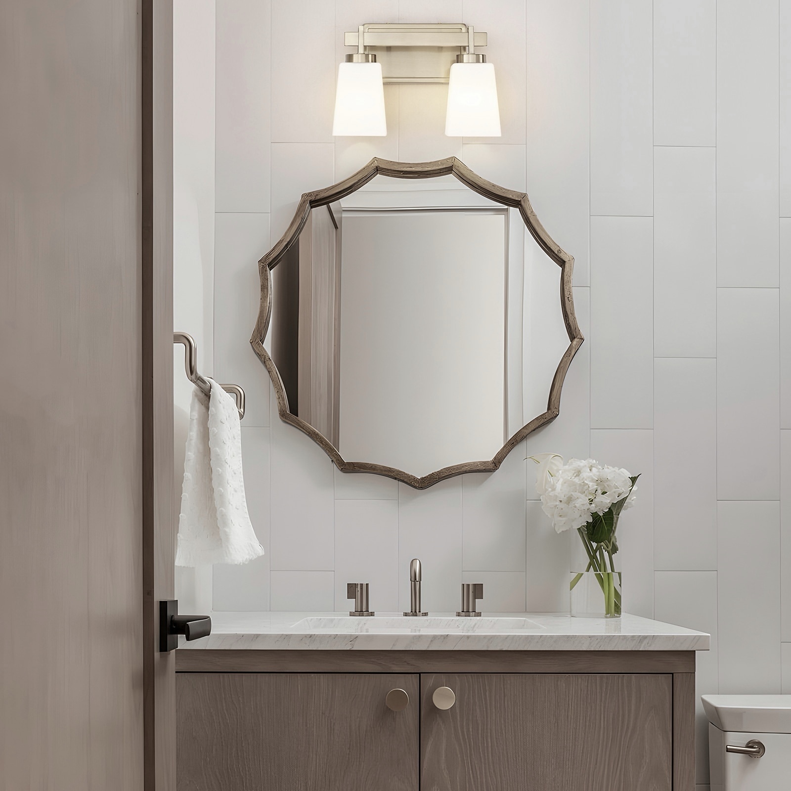 FDPBY - 12 Inch 2 Light Brushed Nickel Modern Bathroom Vanity Light with Milk Glass Shades ETL Ce...