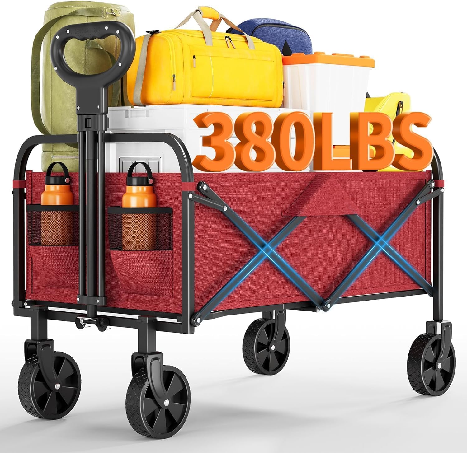 Qeetex LHF-STC-PF506 Heavy Duty Foldable Wagon Cart - 380LBS All-Terrain Utility Wagon with Drink Holders Adjustable Handle and Collapsible Design for Camping Grocery Shopping Garden (Red)