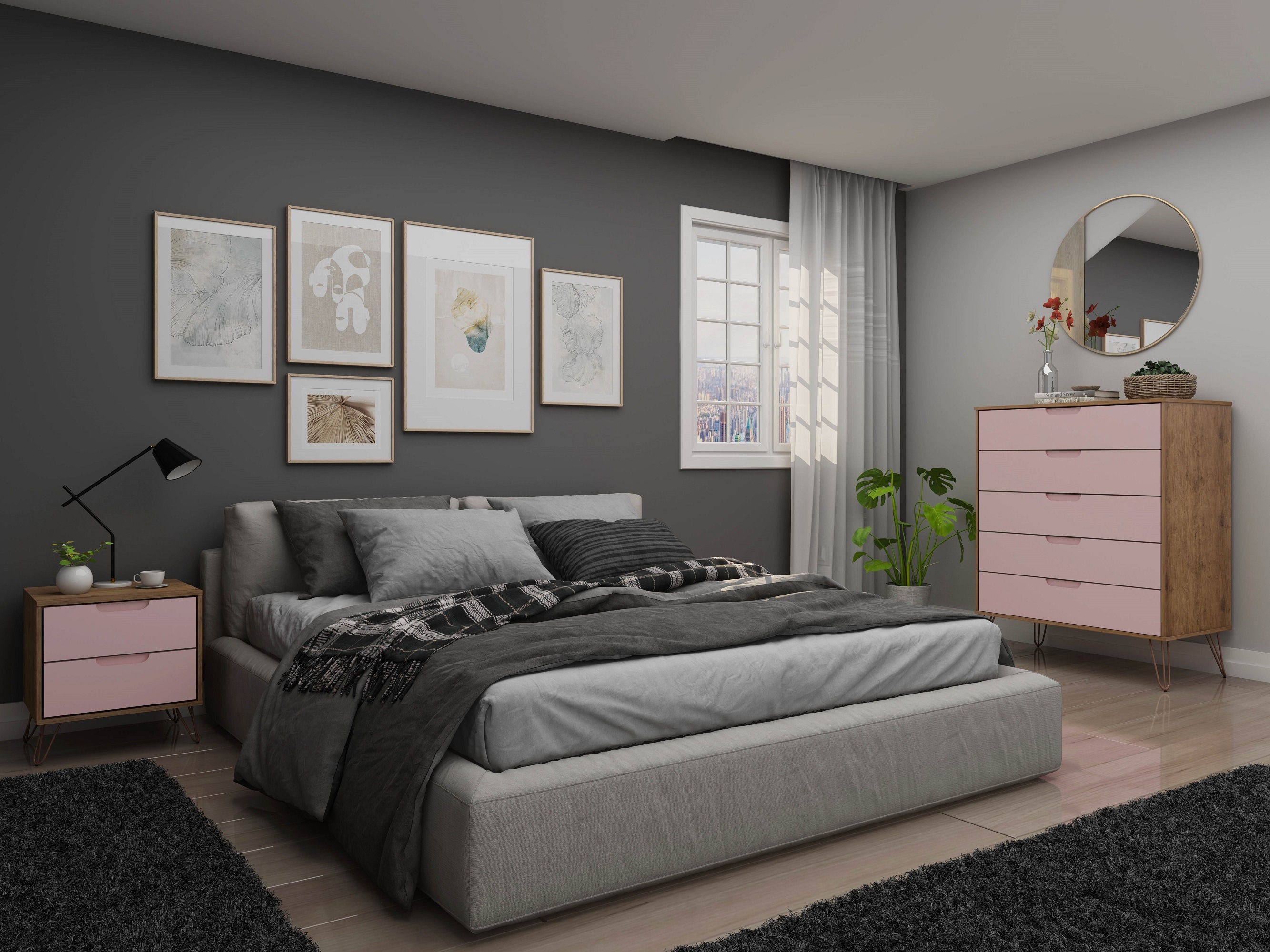 Manhattan Comfort 179GMC6 Rockefeller Nature and Rose Pink 7 -Drawer Standard dresser