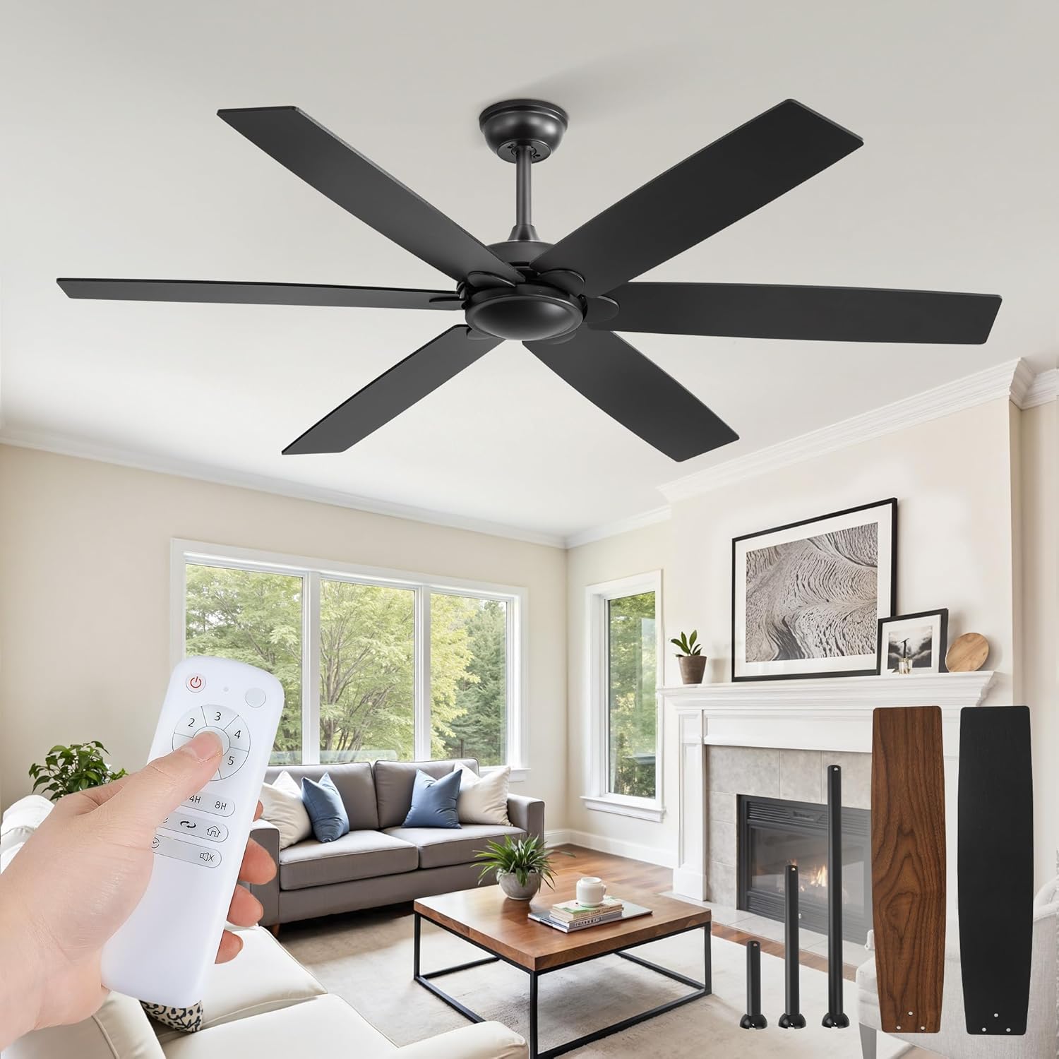 Fanbulous  60 inch Ceiling Fan No Light Black Ceiling Fan with Remote Flush Mount Low Profile Quiet DC Motor Reversible Indoor/Outdoor Ceiling Fans without Light for Bedroom Living Room Patio