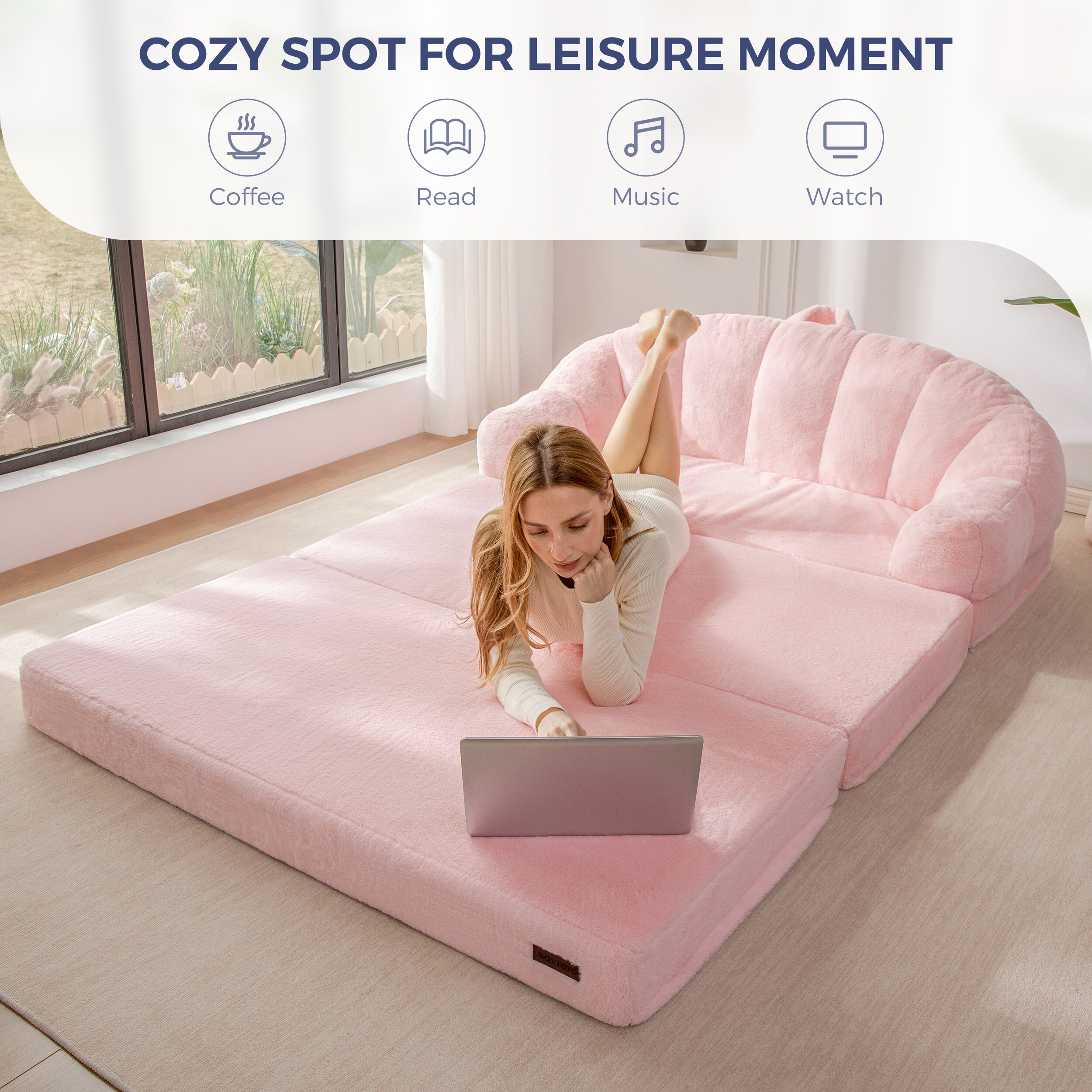 MAXYOYO 2 in 1 Convertible Sofa Folding Loveseat Sofa Faux Fur Couch in Pink