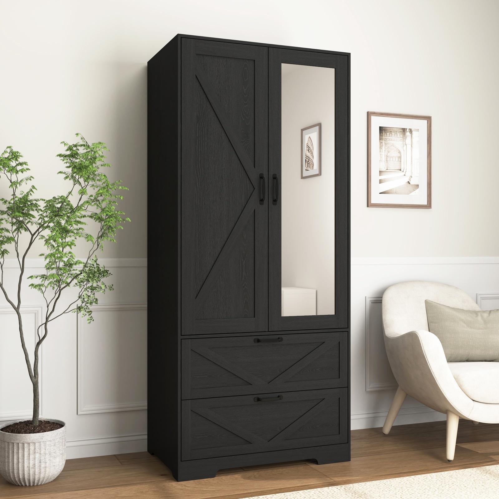 Horizons Prime - 32 inch Black Particle Board 2 Door Wardrobe with Hanging Clothing Rod and 2 Dra...