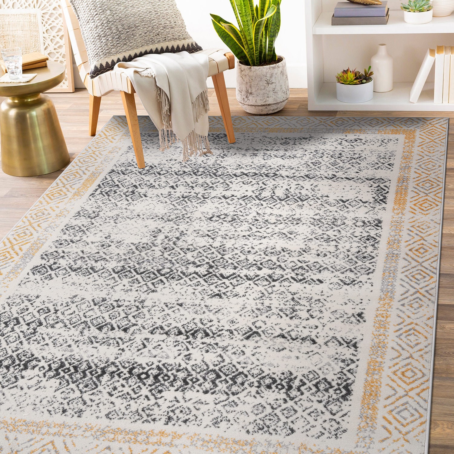 World Rug Gallery 2095YELLOW5X7 5 x 7 (ft) Loomed Polypropylene Yellow Rectangular Indoor Distressed/Overdyed Area rug