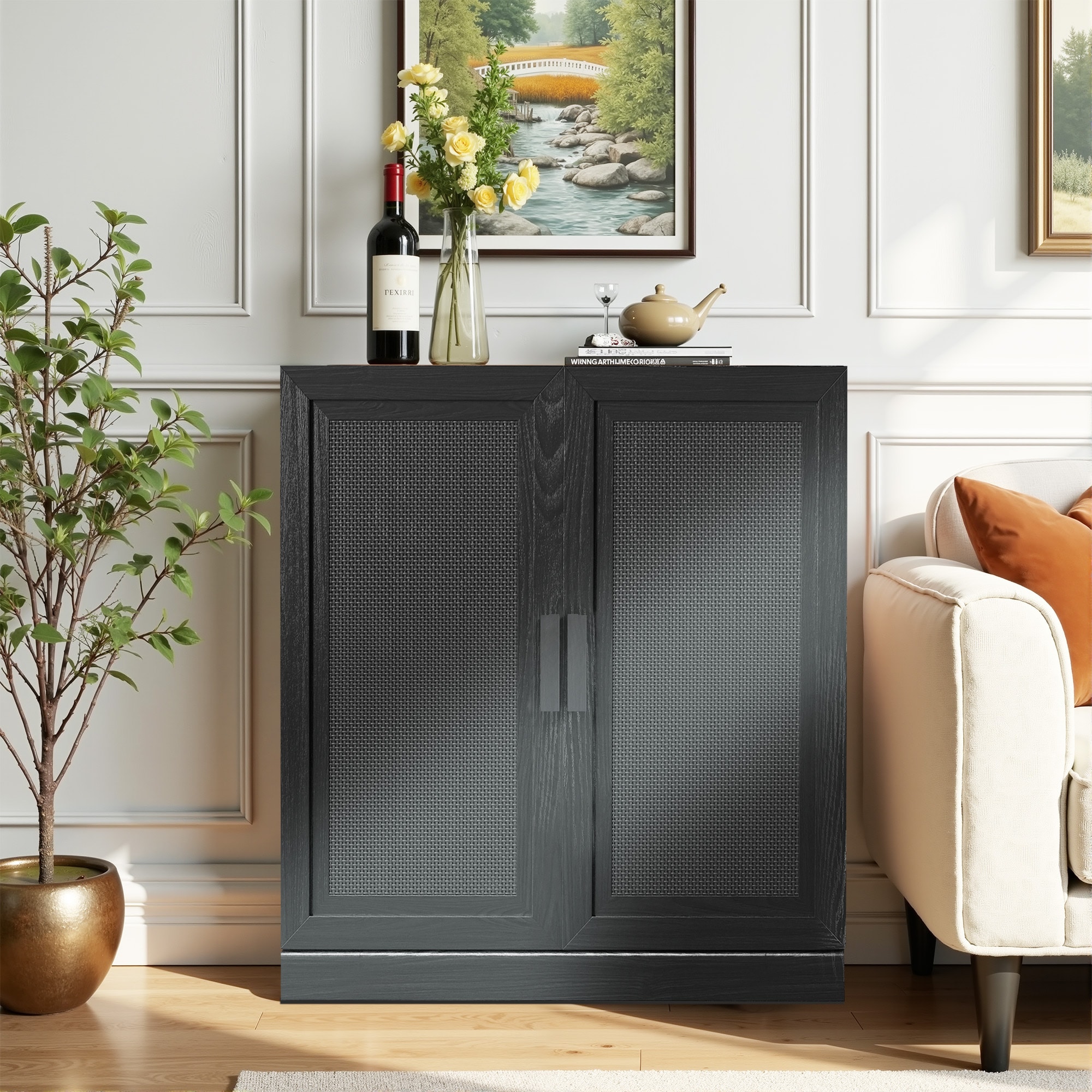 Misty Moon 31-in W x 36-in H x 16-in D Black Wood Grain Freestanding Storage Cabinet with Rattan Textured Double Doors