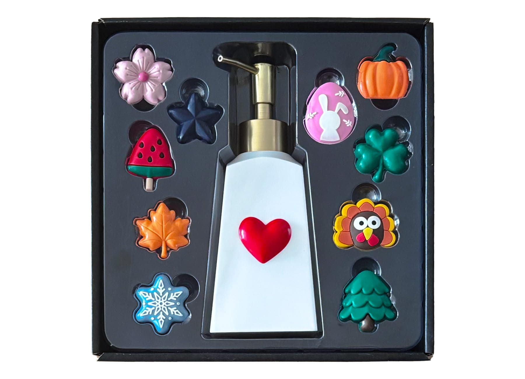 LILILIAN FMY  Seasonal Soap Dispenser with Eleven Interchangeable Magnets for Farmhouse Bathroom and Kitchen Decor Resin Built in Magnet Eight
