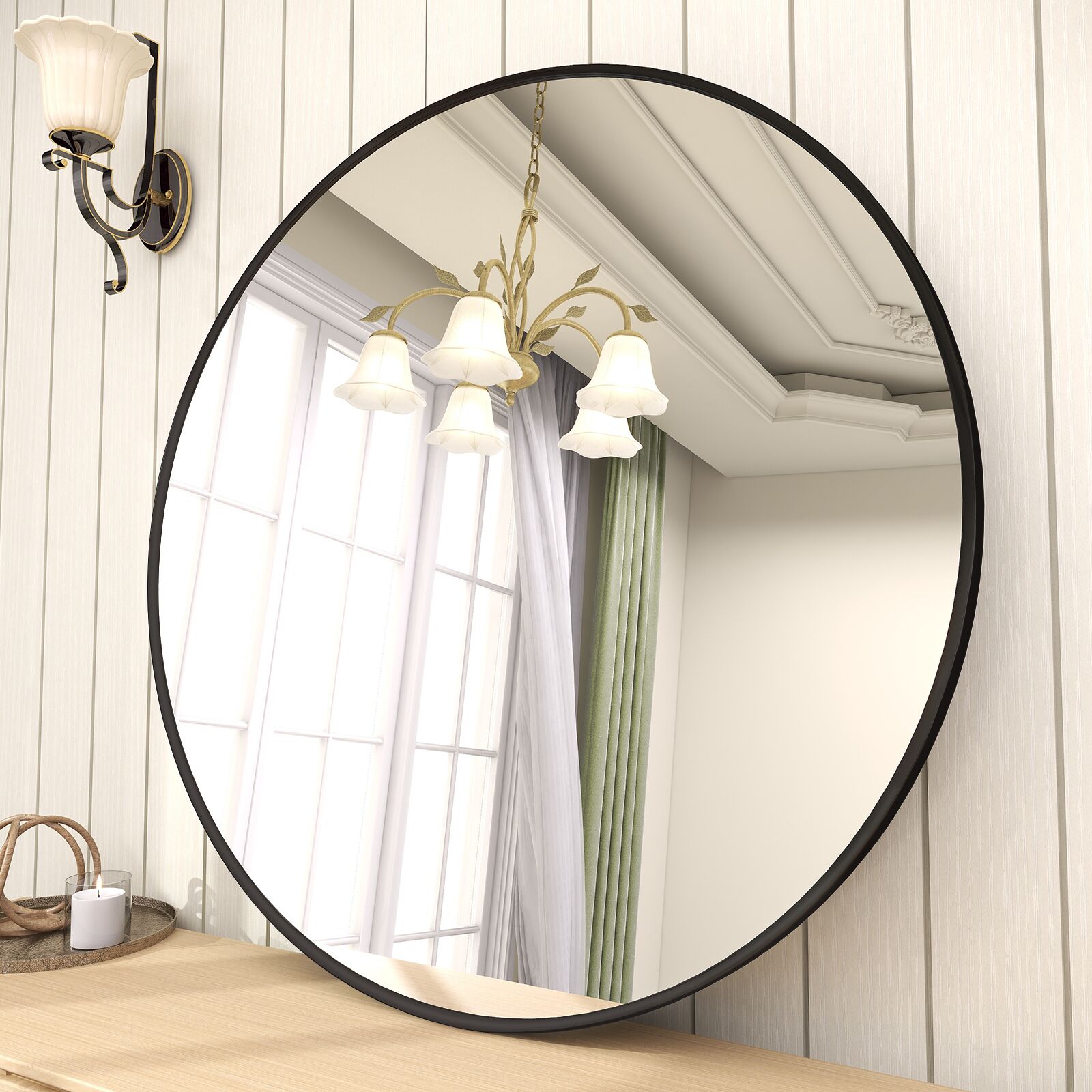 BEAUTYPEAK LS-YSJ-1908YJ36-B 35.4-Inches W x 35.4-Inches H Round Black Framed Wall Mirror
